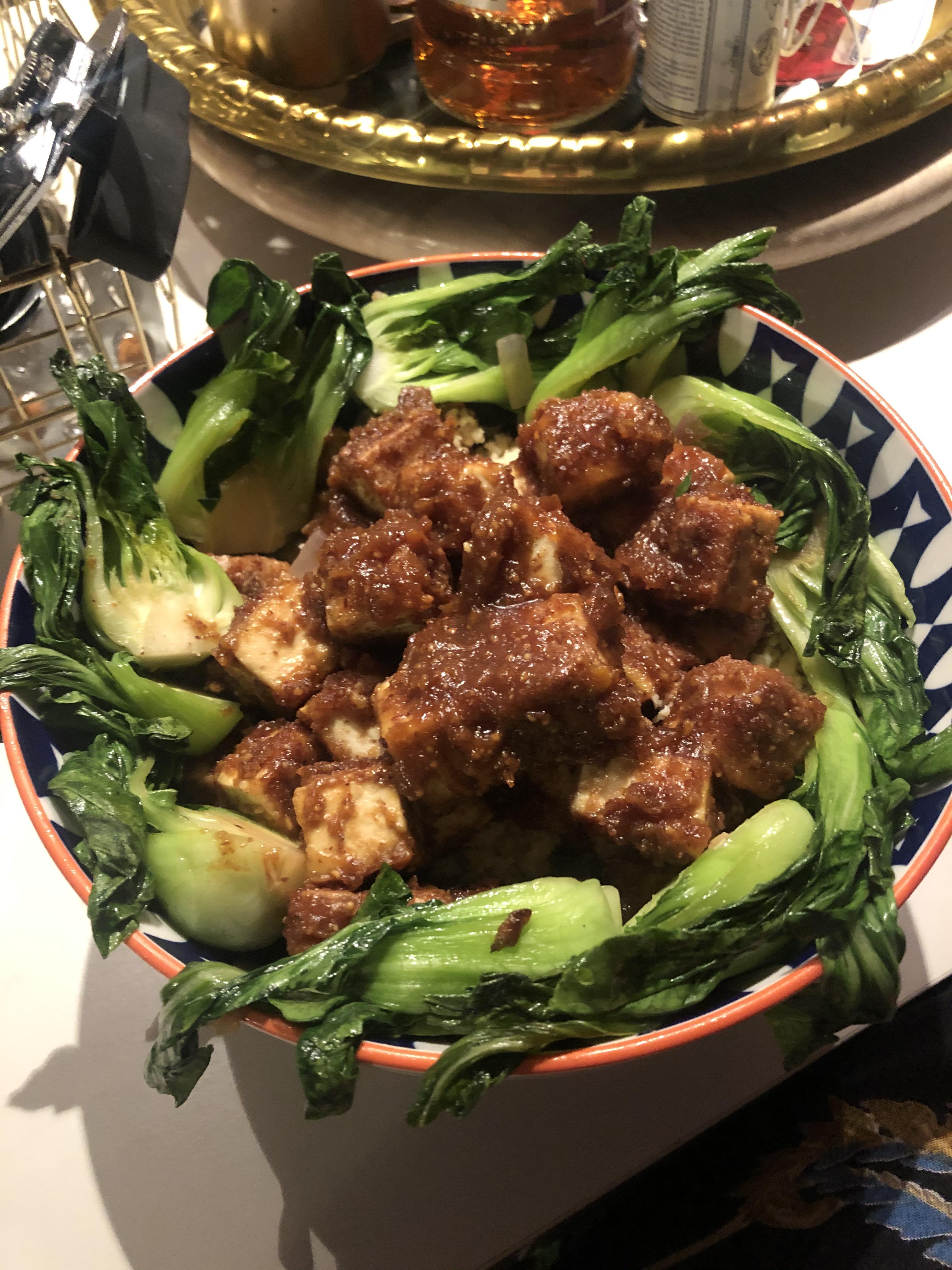Peanut tofu sate with cauliflower rice and baby bok Choy