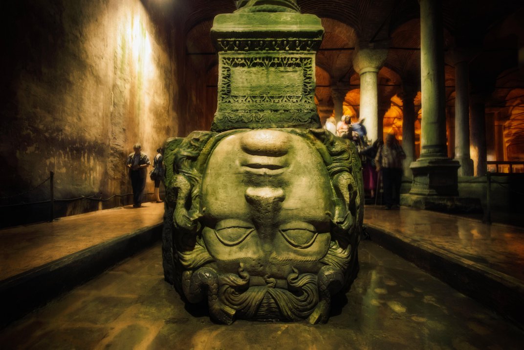 One of the two Medusa heads, found in Istanbul's Basilica Cistern