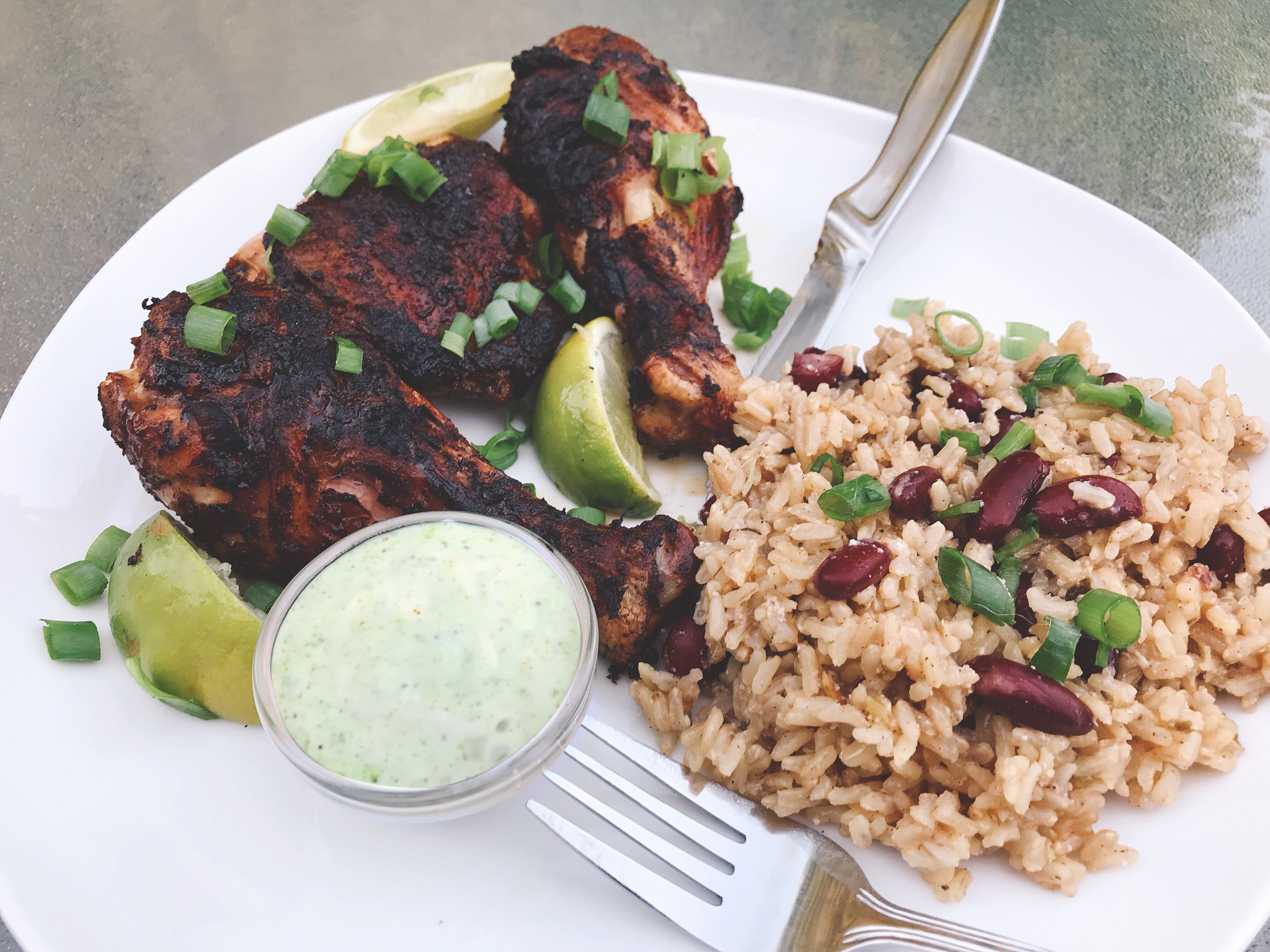 [Homemade] Smoked Jamaican jerk chicken with garlic habanero sauce and coconut rice and beans