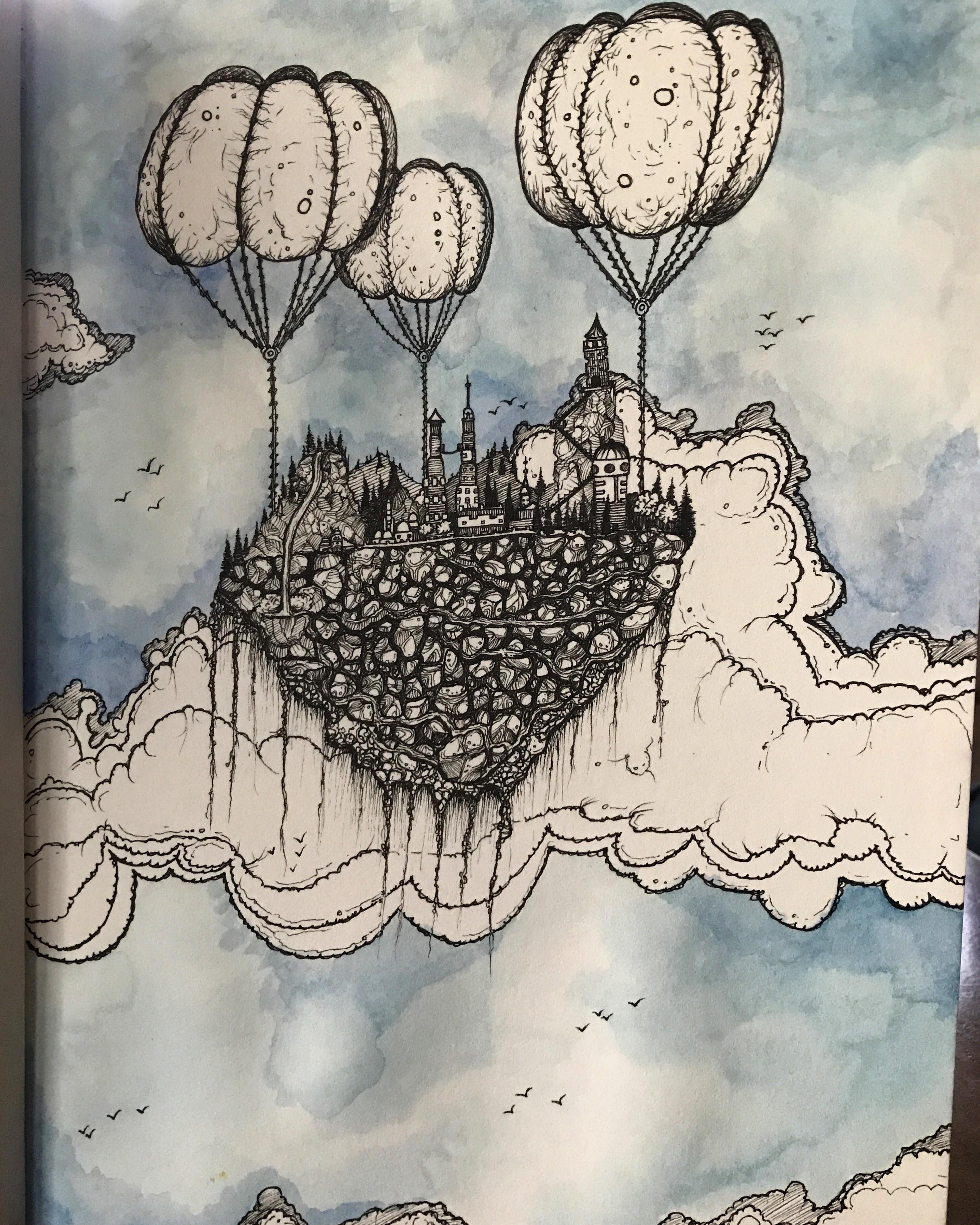 Floating City in Micron Pen and Watercolor. 8x12" r/drawing