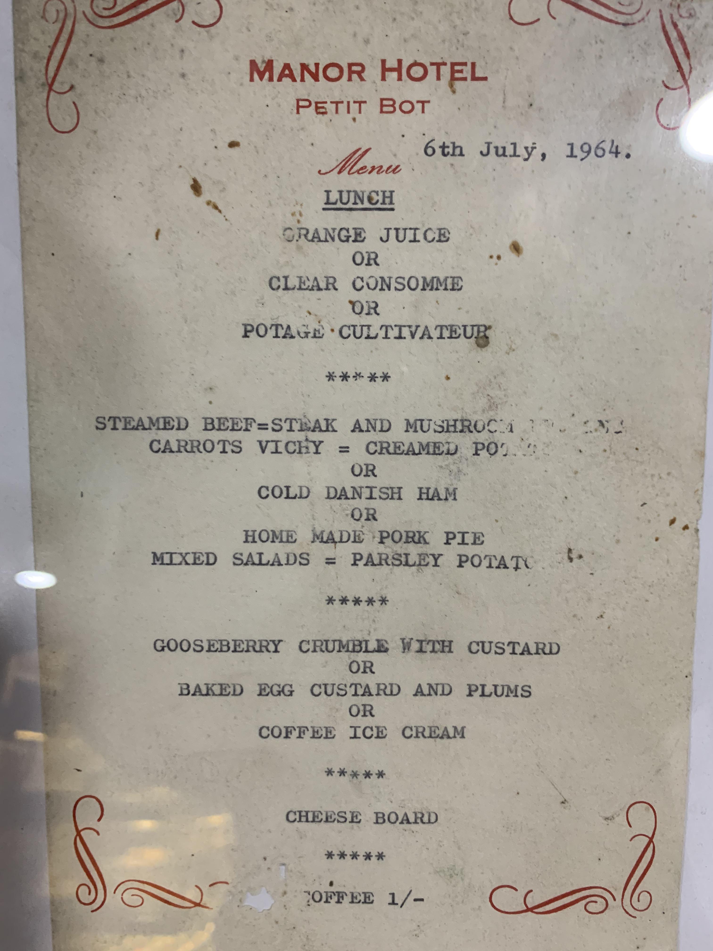 Lunch, the Manor Hotel, Petit Bot, Guernsey. July 1964 r/VintageMenus