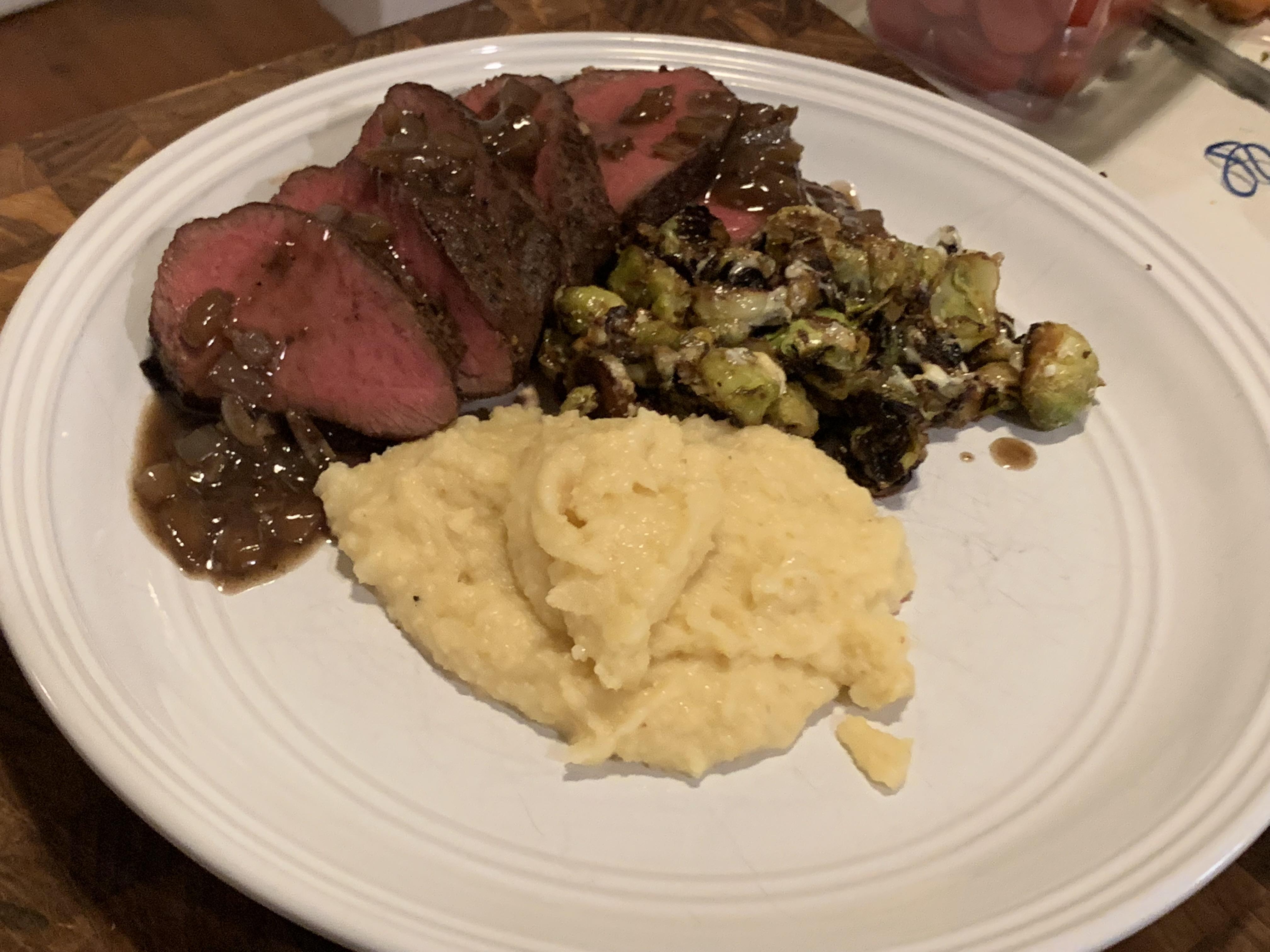 [I Made] Venison Loin with Popcorn grits and bluecheese Brussels