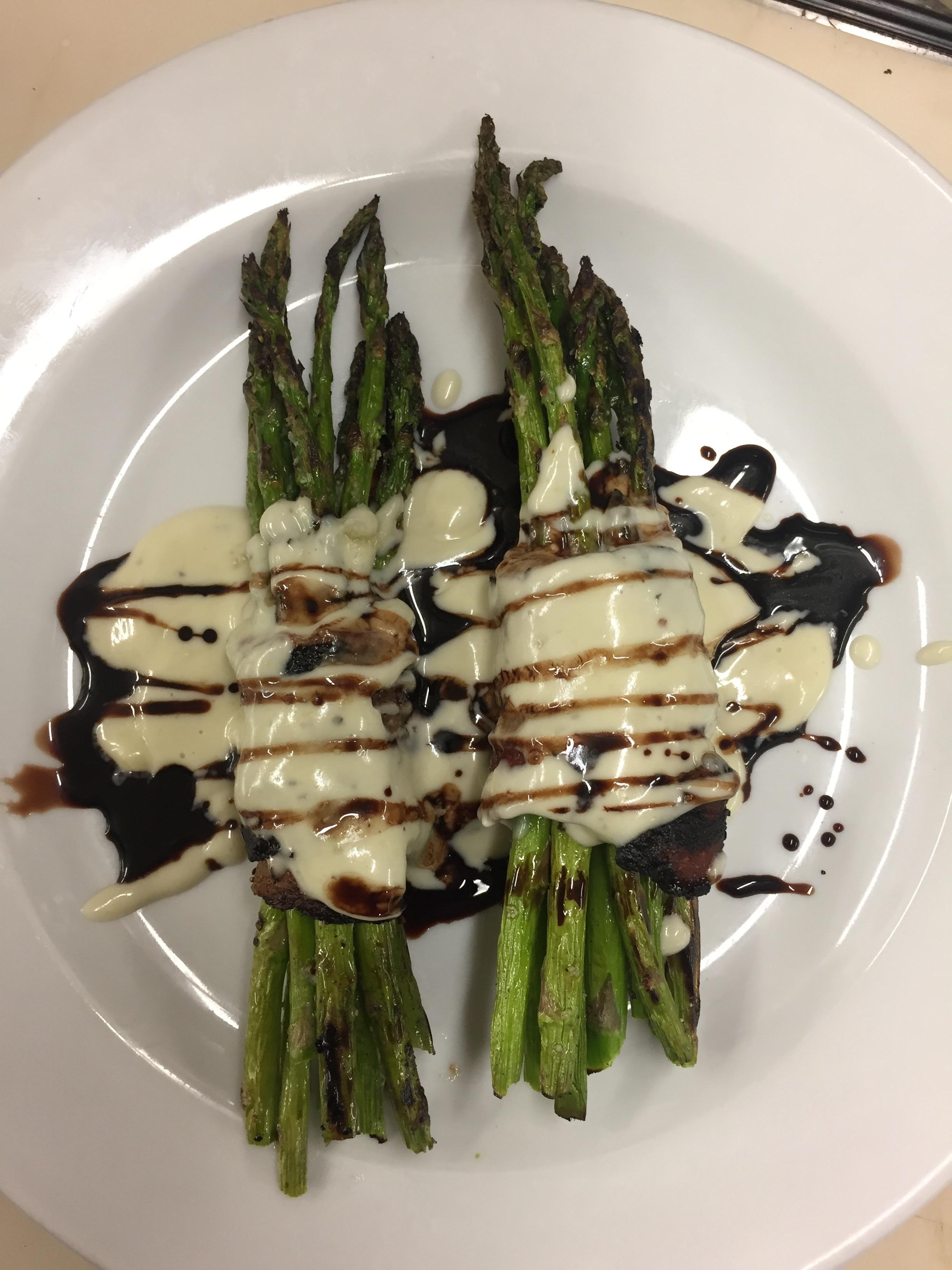 Today I made grilled bacon wrapped asparagus with cream sauce and red wine/balsamic