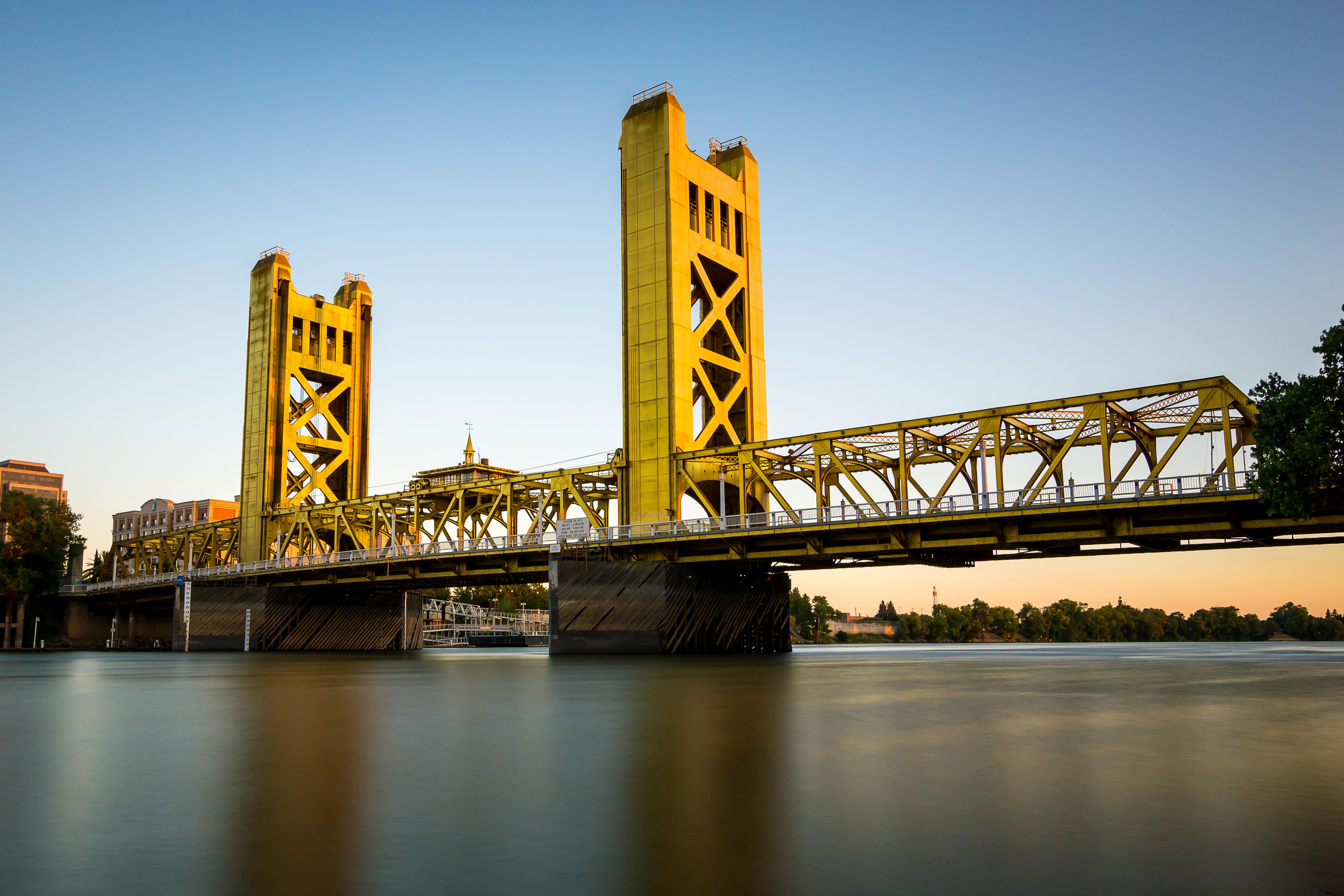 Tower Bridge, opened in 1935, is a vertical lift bridge in Sacramento