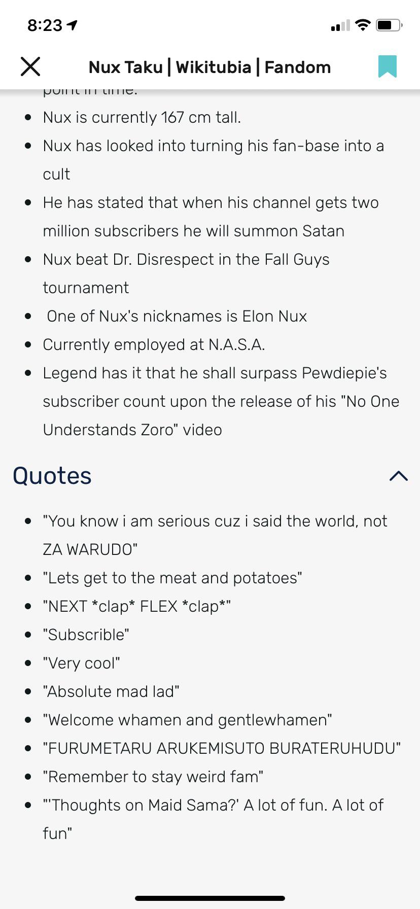 Added that last Trivia update to Nux’s Wikitubia Page just to make sure