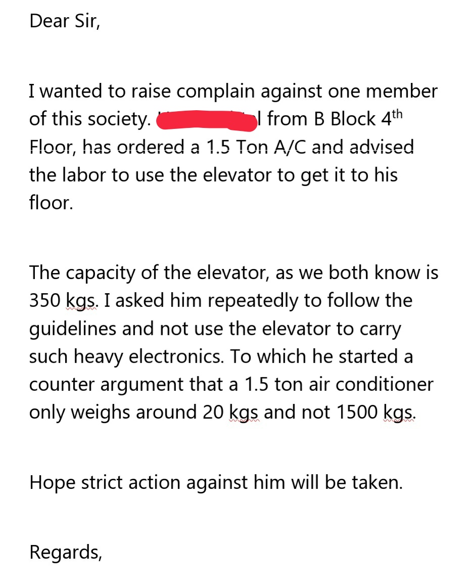 Complaint against a resident by a neighbor in an apartment for carrying