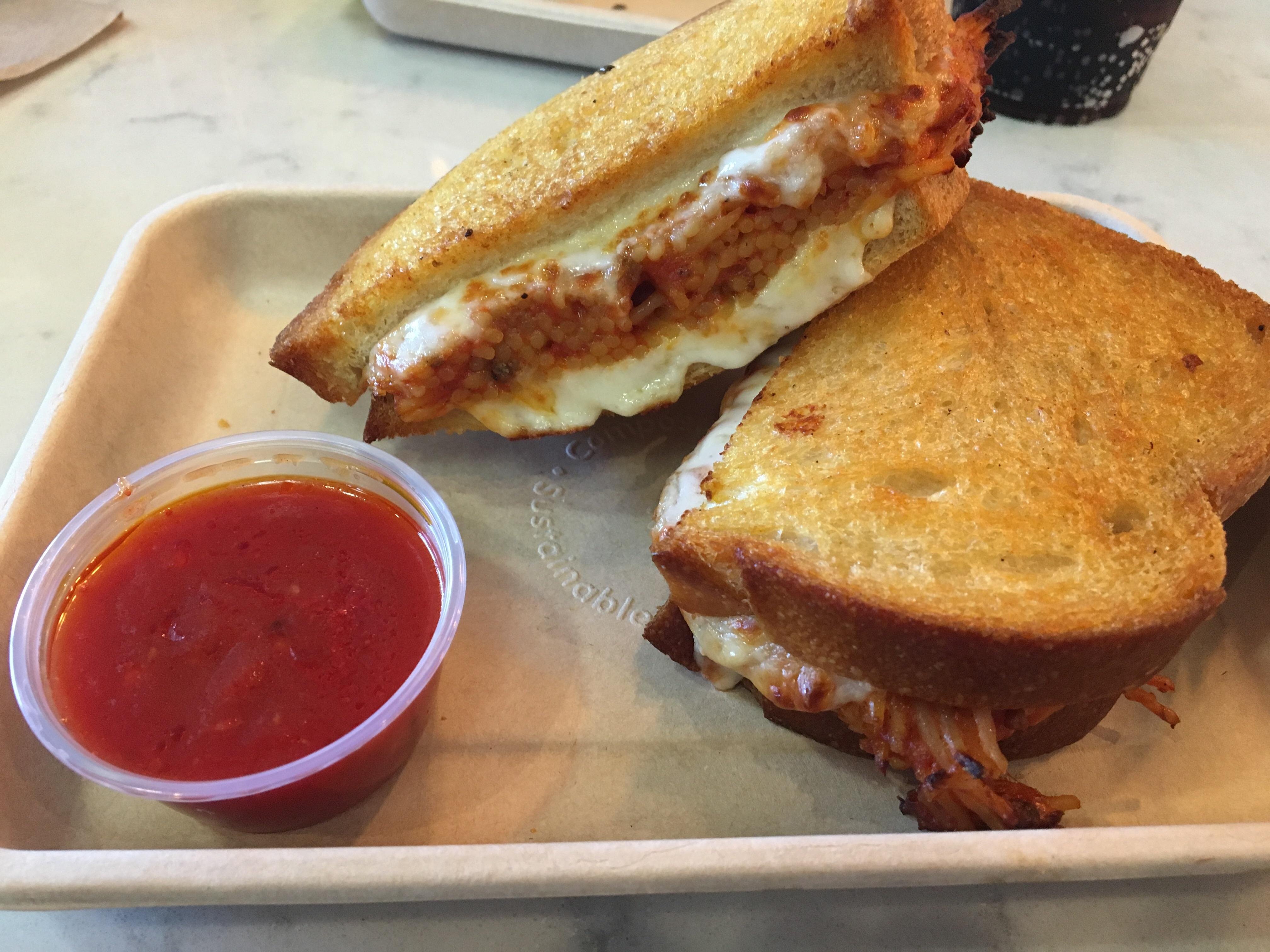 [I Ate] Spaghetti Grilled Cheese with mozzarella, meat sauce, sour dough bread, and marinara