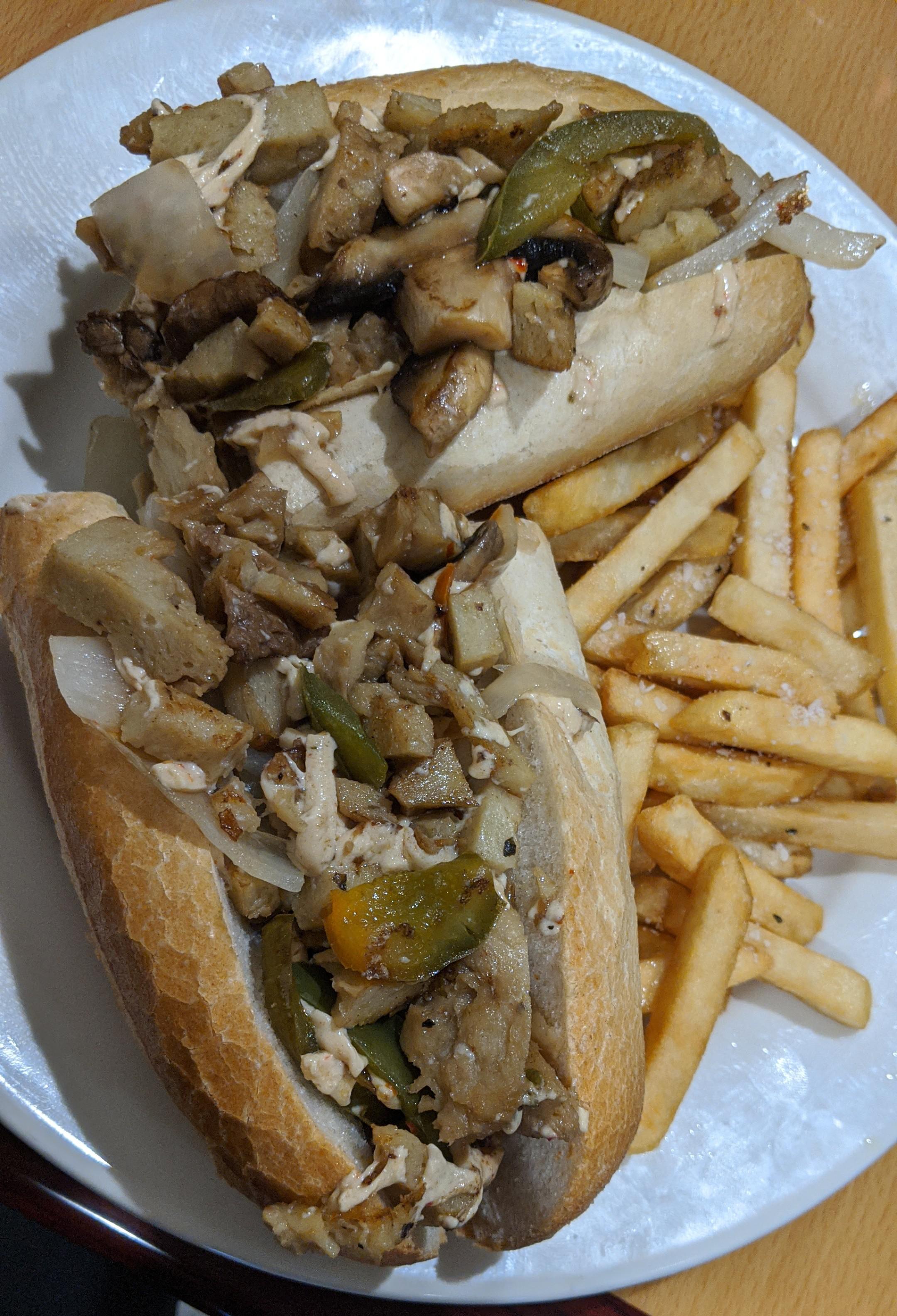 Seitan cheesesteak with mushrooms, onions and peppers w/ vegan cheese