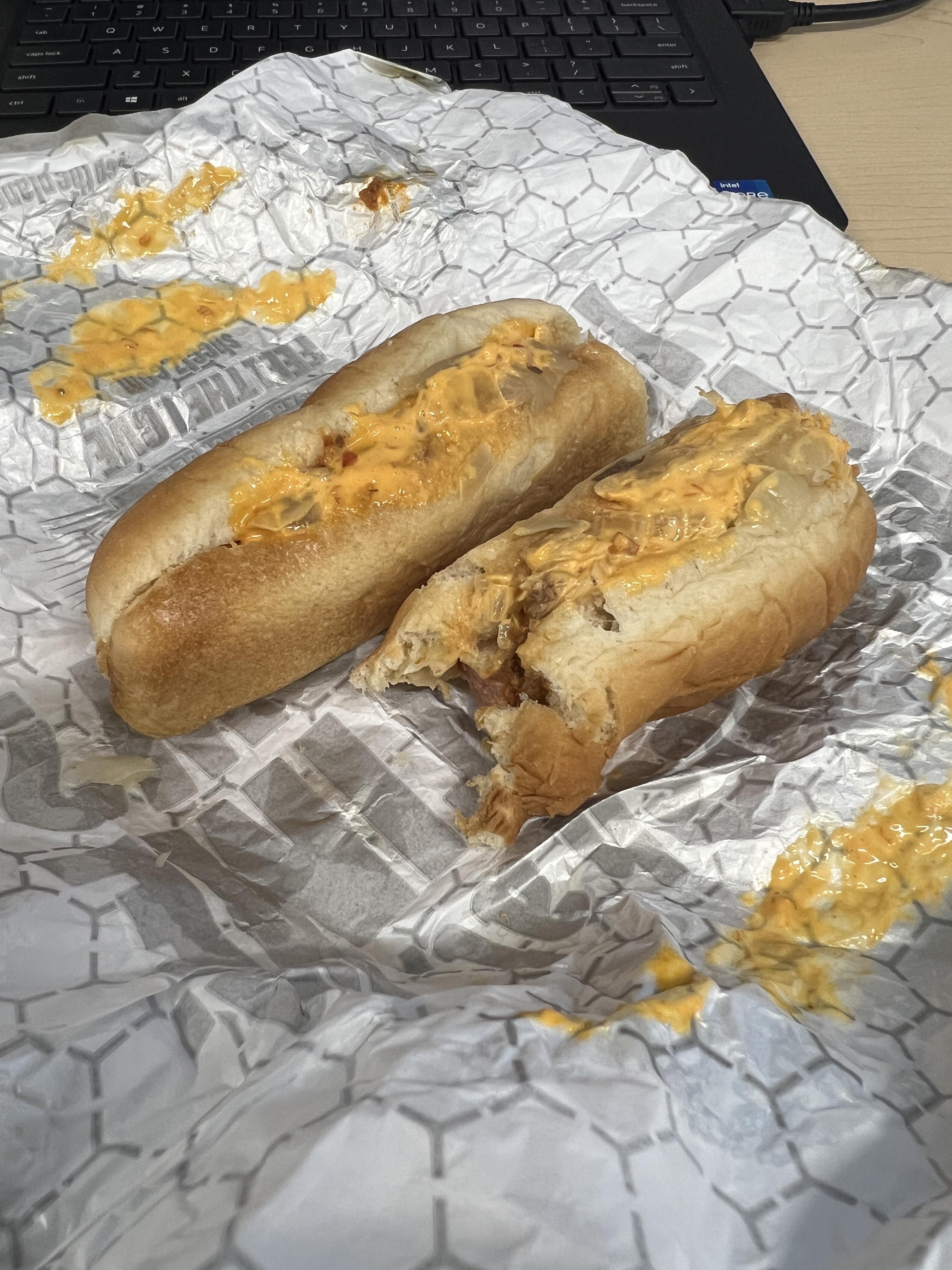 Couple of delectable Sheetz dogs. Chili, sauerkraut, caramelized onions, boom boom sauce. Happy