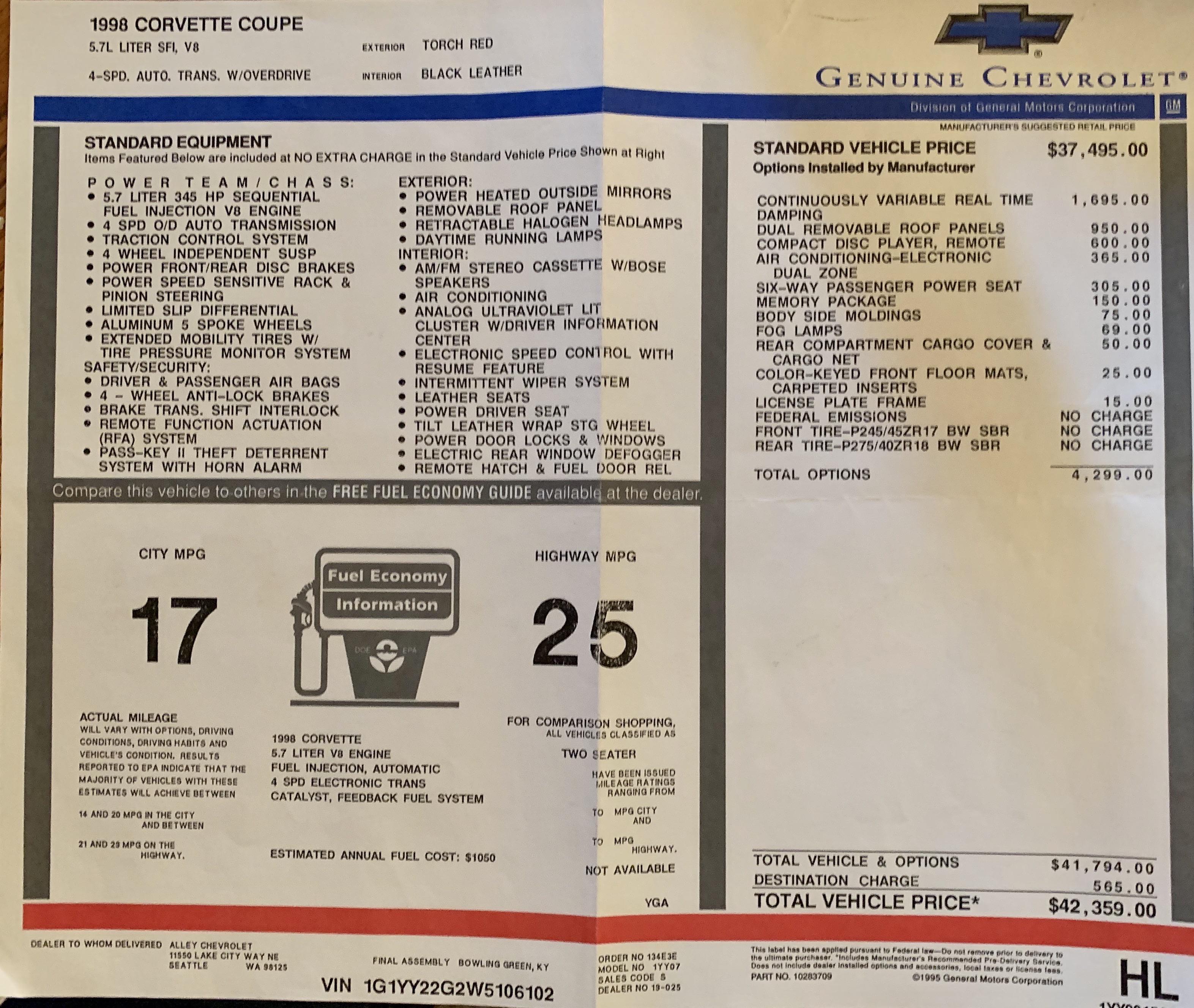 The Original Window Sticker From My 98 Coupe r/Corvette