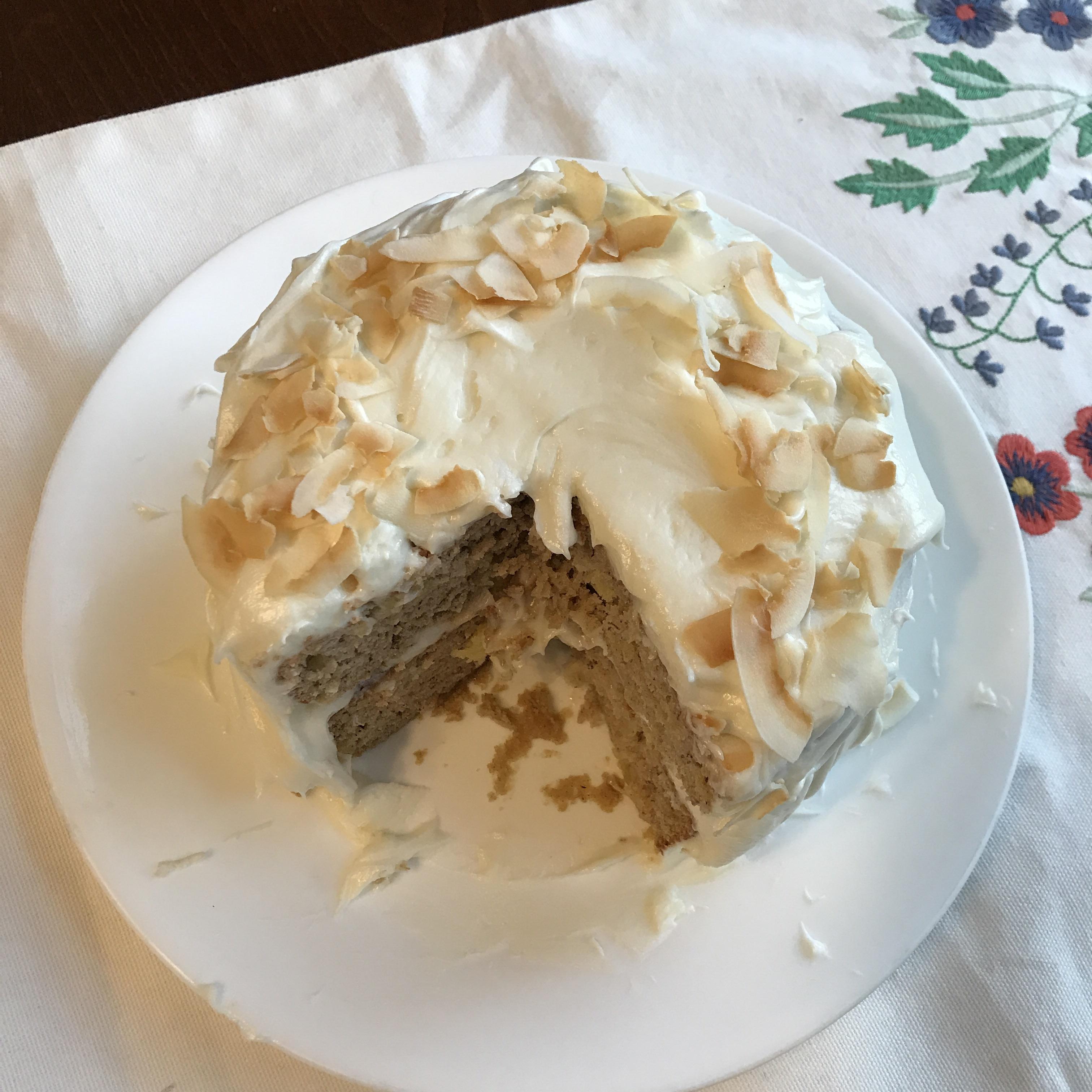 Made a six inch hummingbird cake with coconut r/Baking