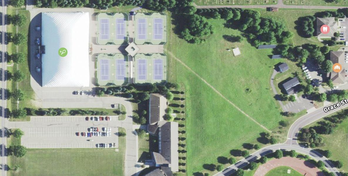 A long 500+ foot desire path connects the tennis complex of Gustavus