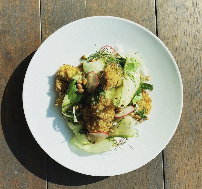 Vadouvan fried oysters. Calabrian chili aioli. Shaved cucumber. Radish