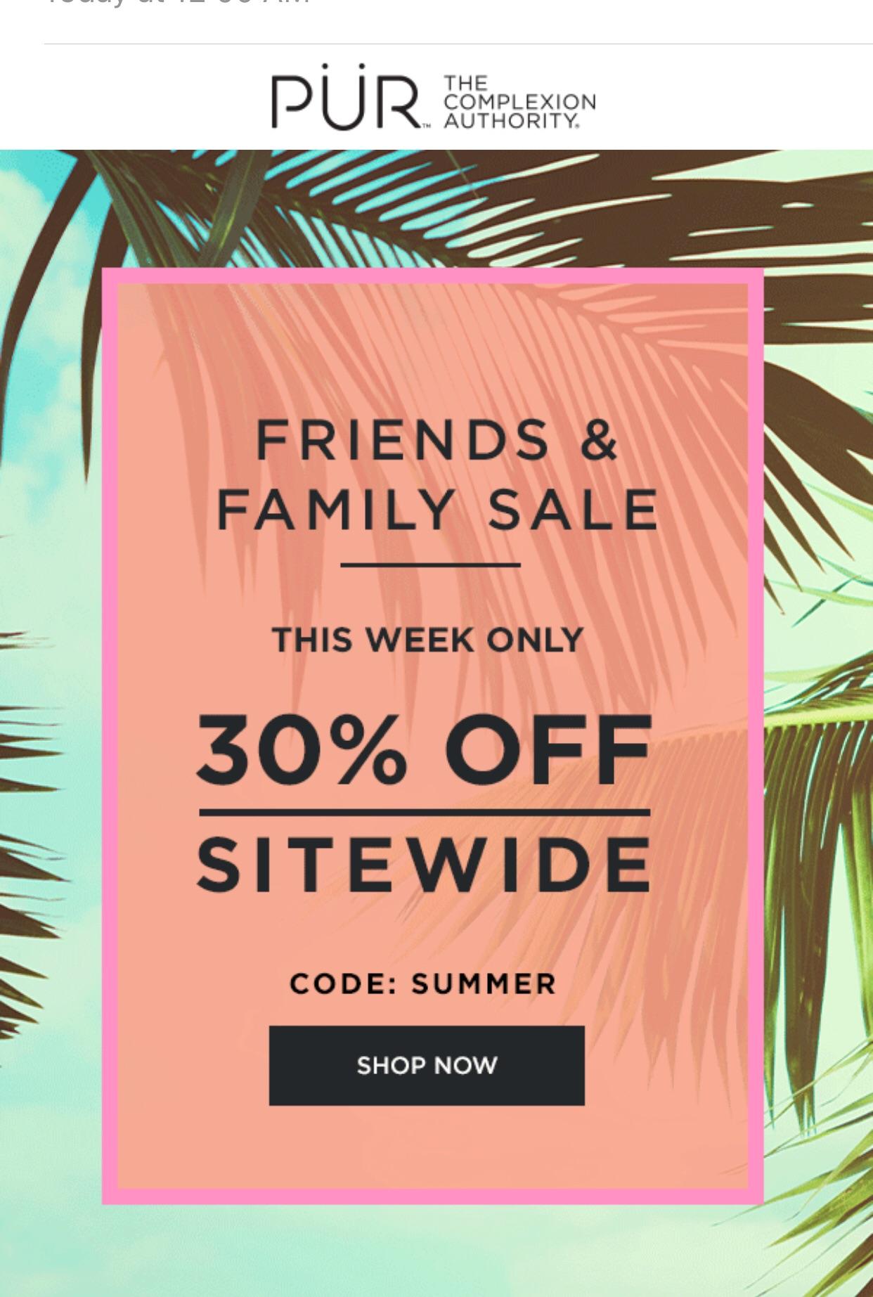 Pur Cosmetics Friends & Family sale30 off code SUMMER this week
