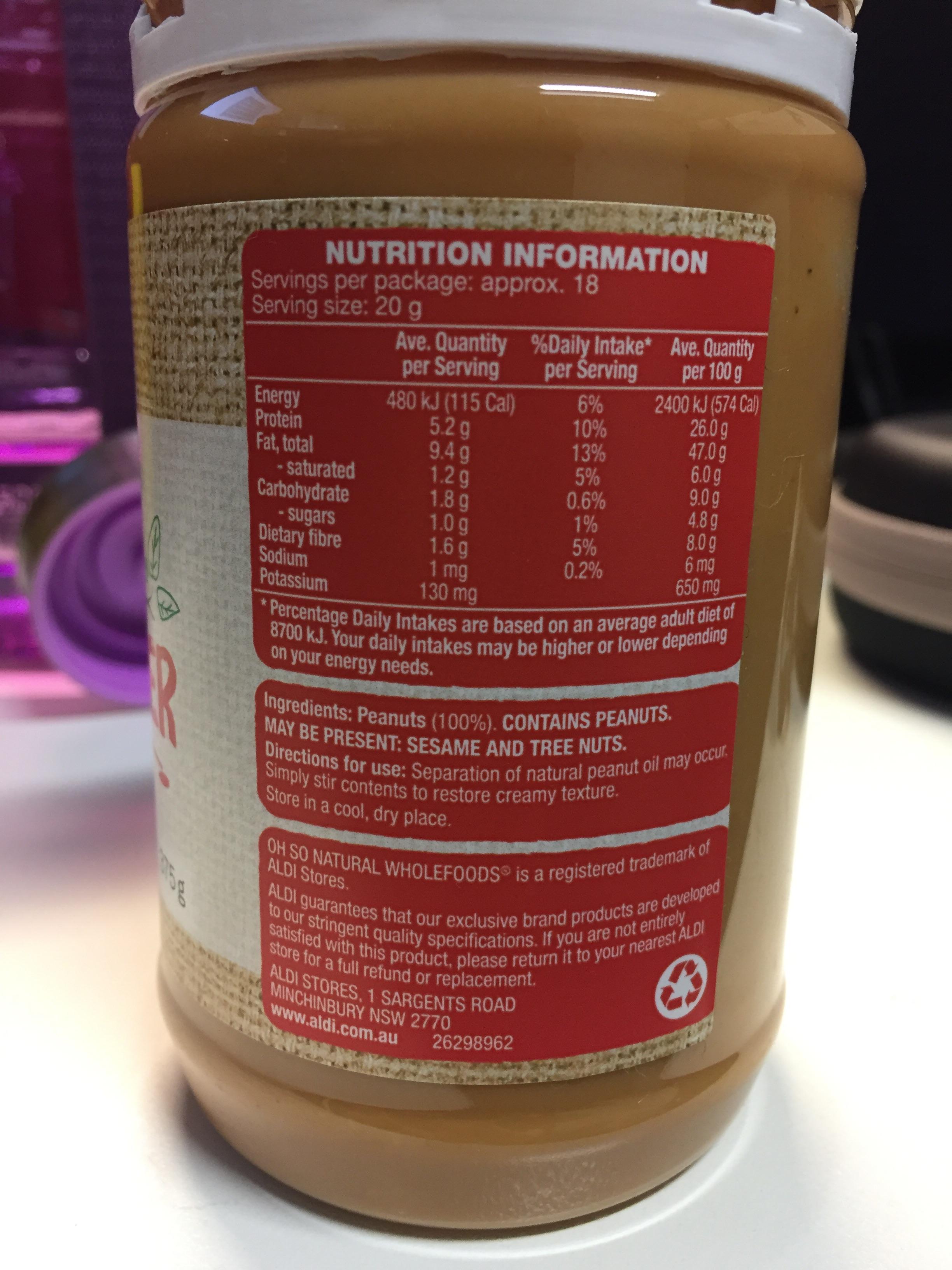 Aldi Natural Peanut Butter Nutrition Runners High Nutrition