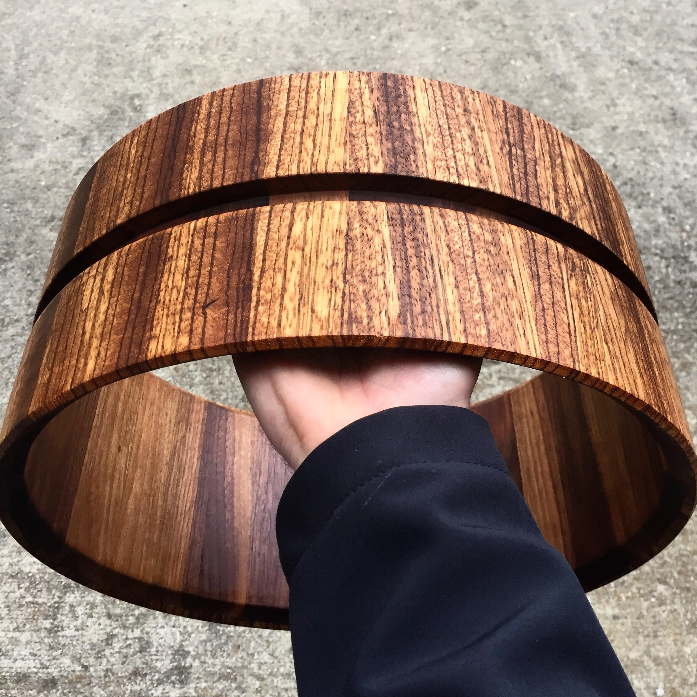 My latest snare drum shell build... Zebrawood/walnut hybrid r/woodworking