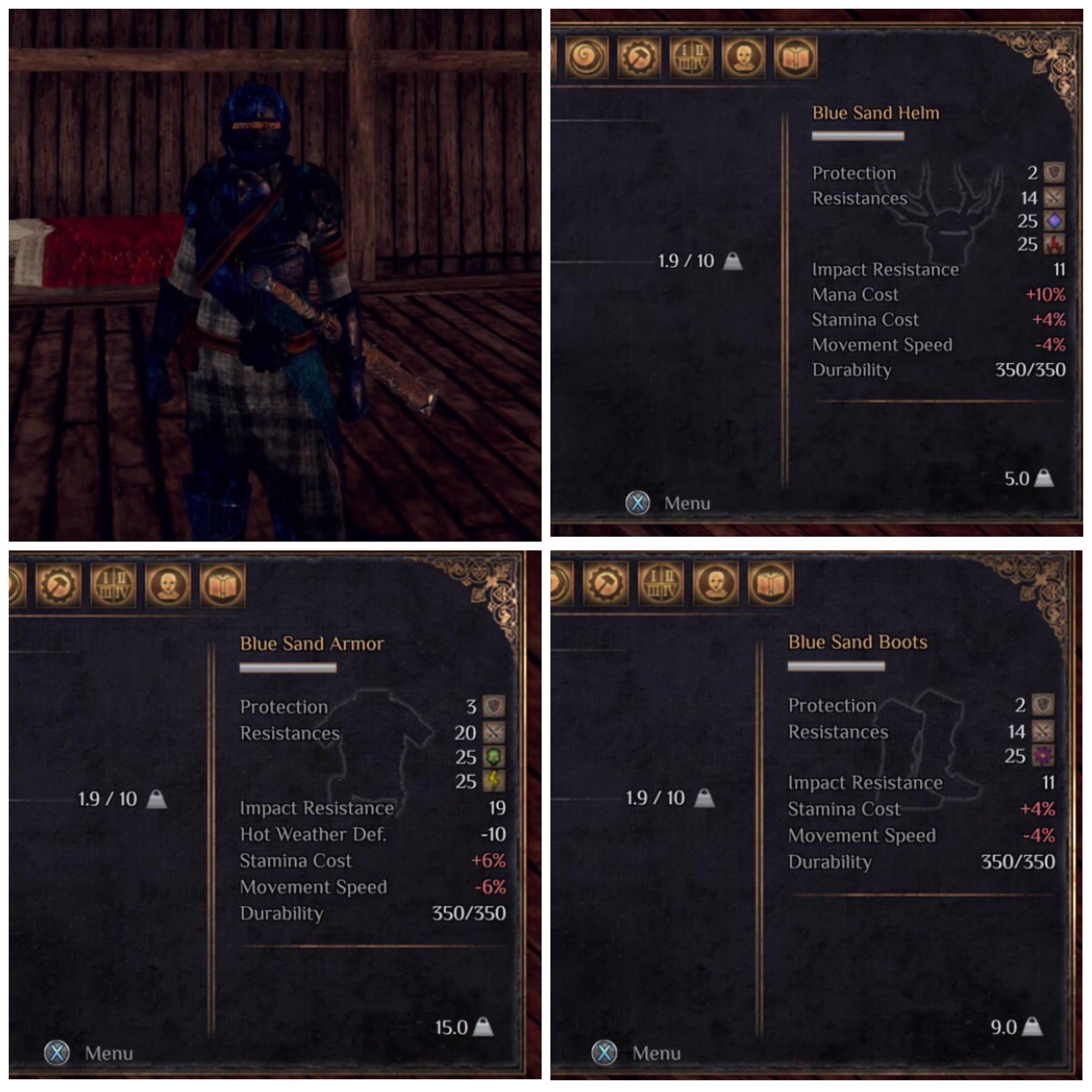 Just in case anyone is wondering what’s the stats of the blue sand armor and what does it look