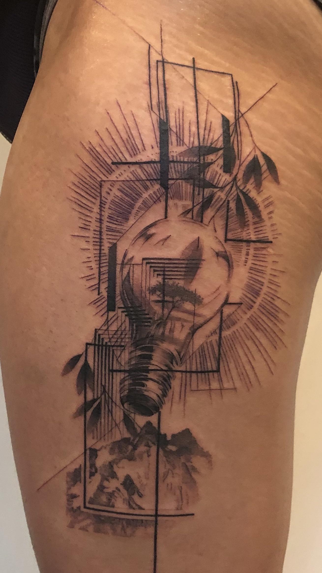 Abstract geometric tattoo by Emma Bundonis at Through the Third Eye in