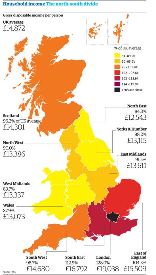 Map of the UK which shows the clear North/South divide. r/MapPorn