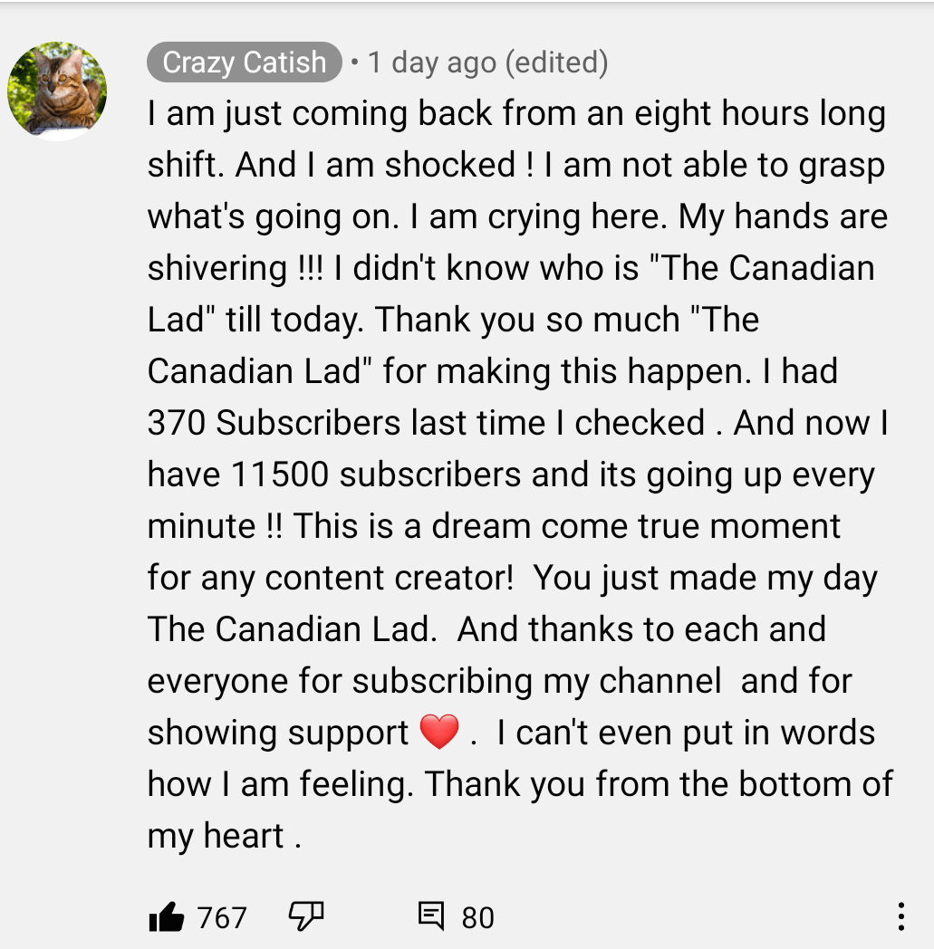 When 'The Canadian Lad' surprised this small creator on YouTube and his