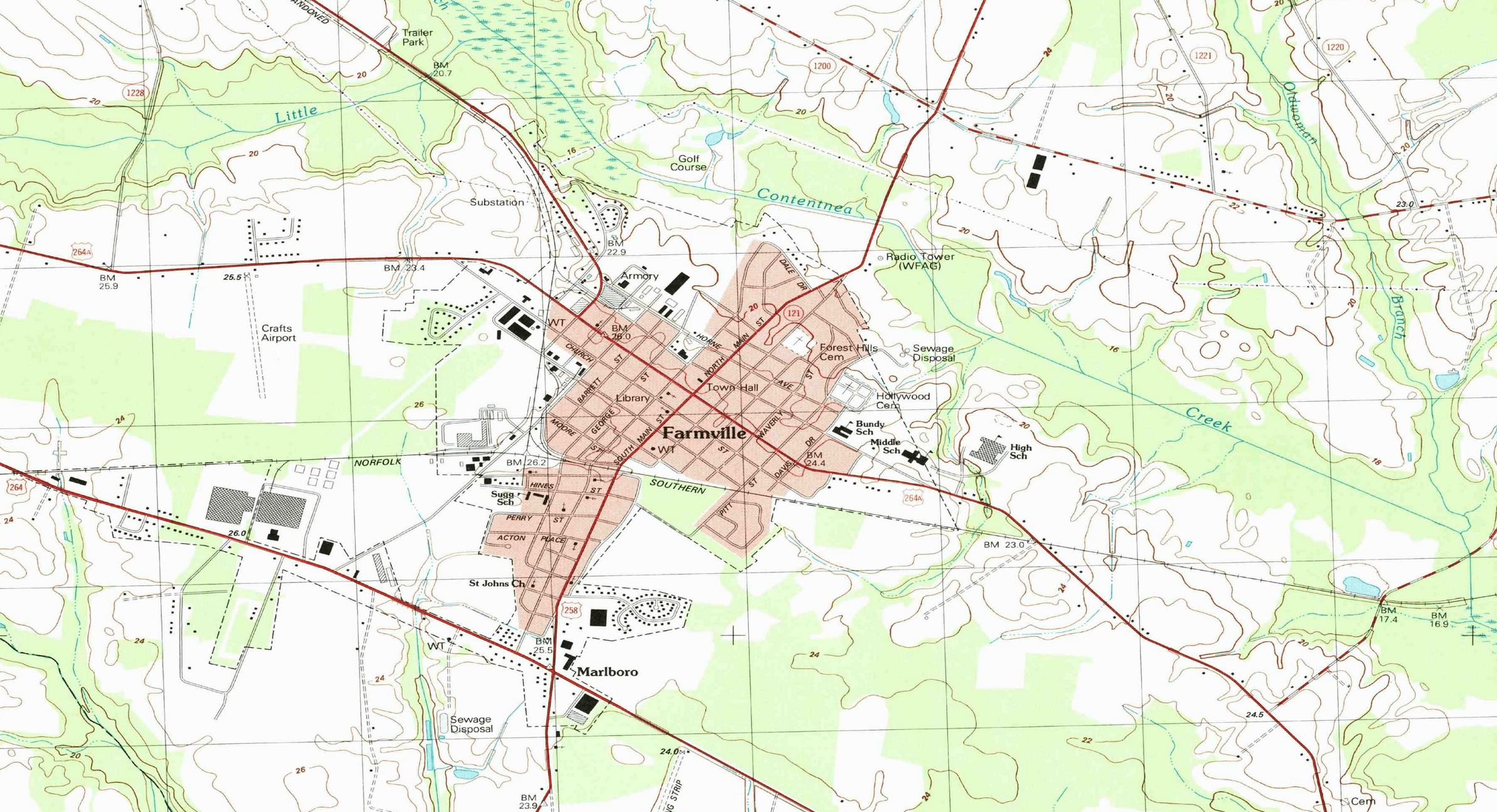 A map of Farmville, North Carolina from 1981, before the 264 freeway