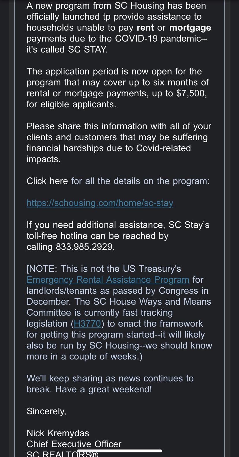 SC Housing Launches New Rental/Mortgage Assistance Program (links in