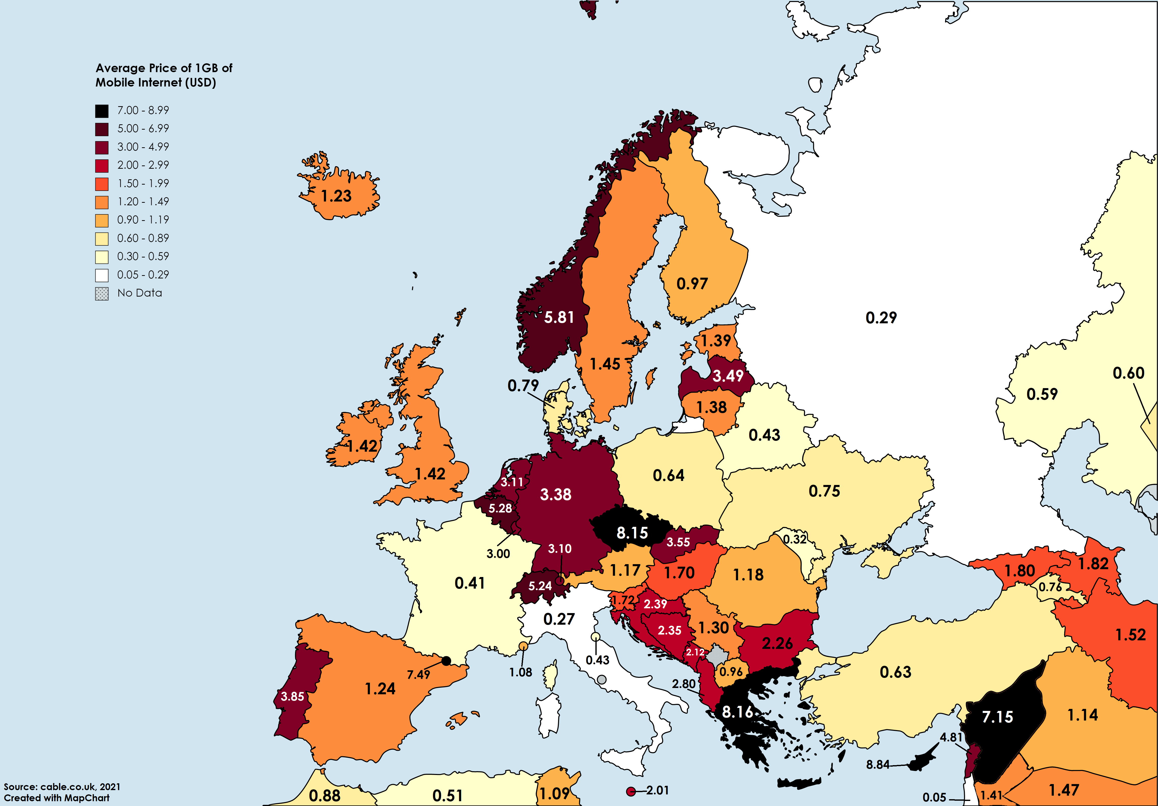 Price of mobile in Europe r/MapPorn