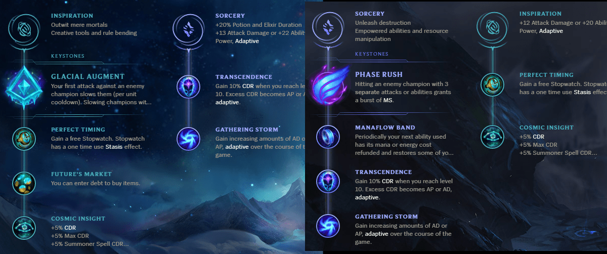 My updated Swain runes (Timing/Insight/Trans/Storm) on both pages. Swap