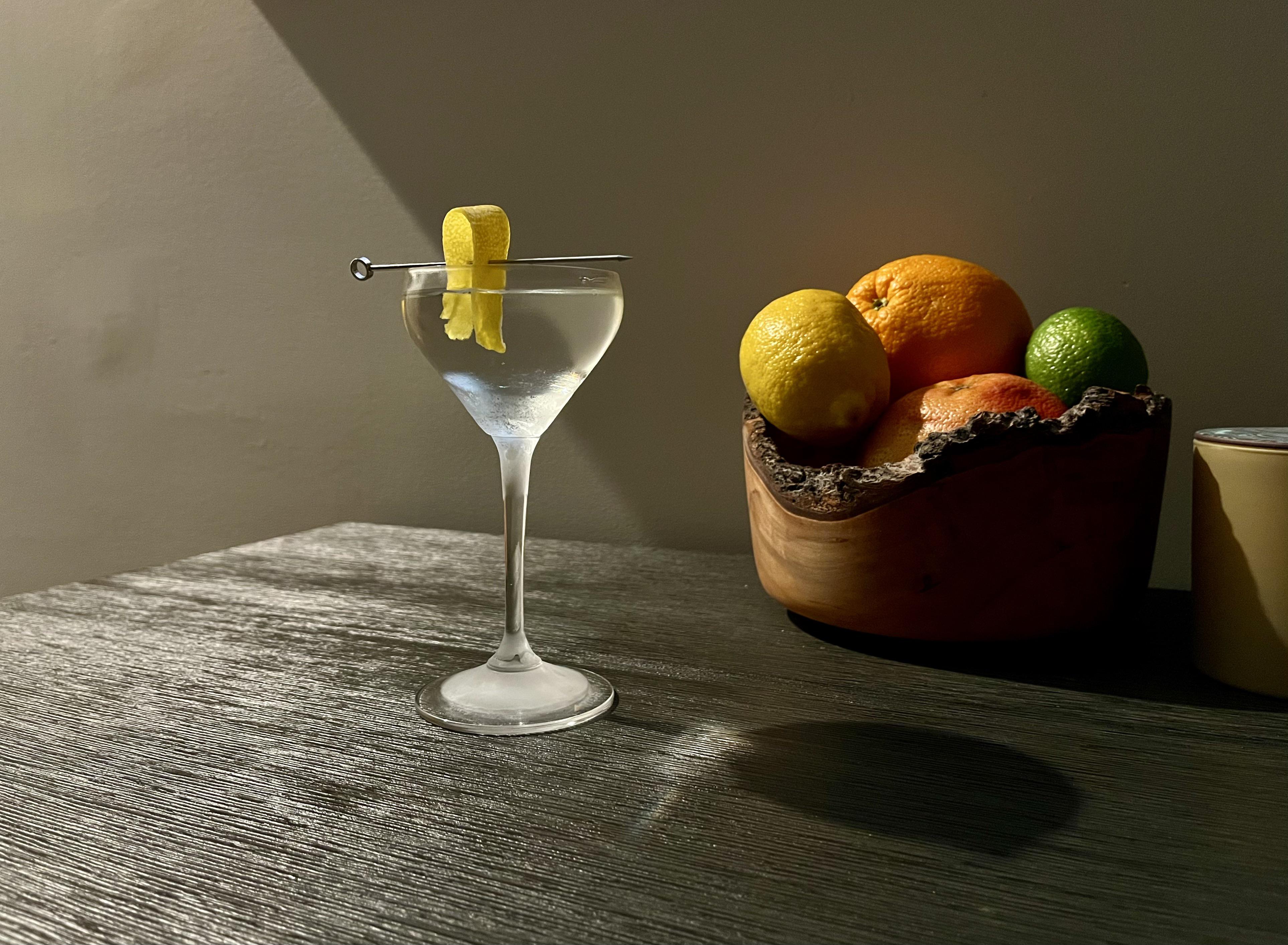 A simple wet martini from last night. Plus, my attempt at dramatic