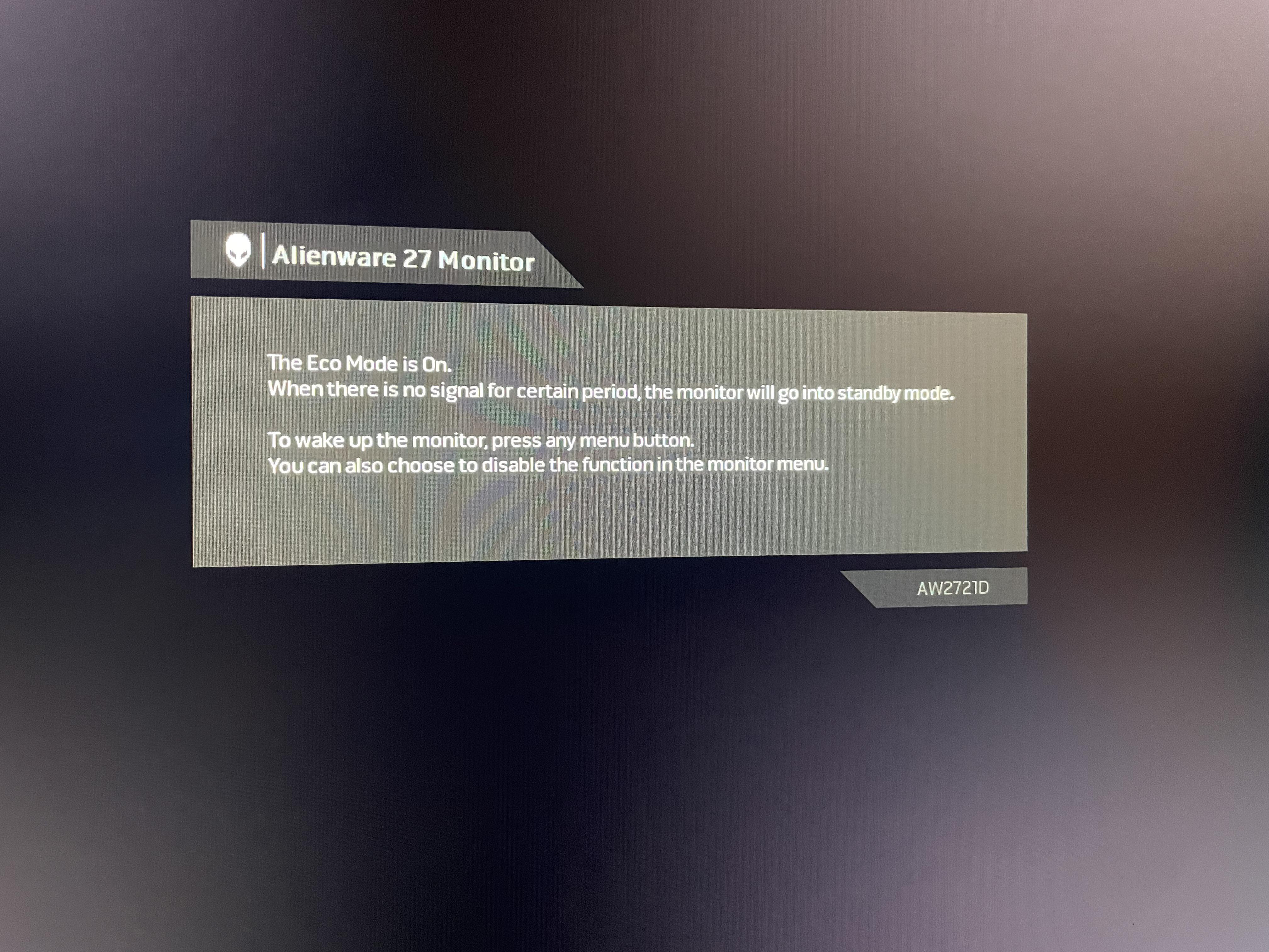 Alienware Aw2721D won’t turn on. I get this every time I hit the power