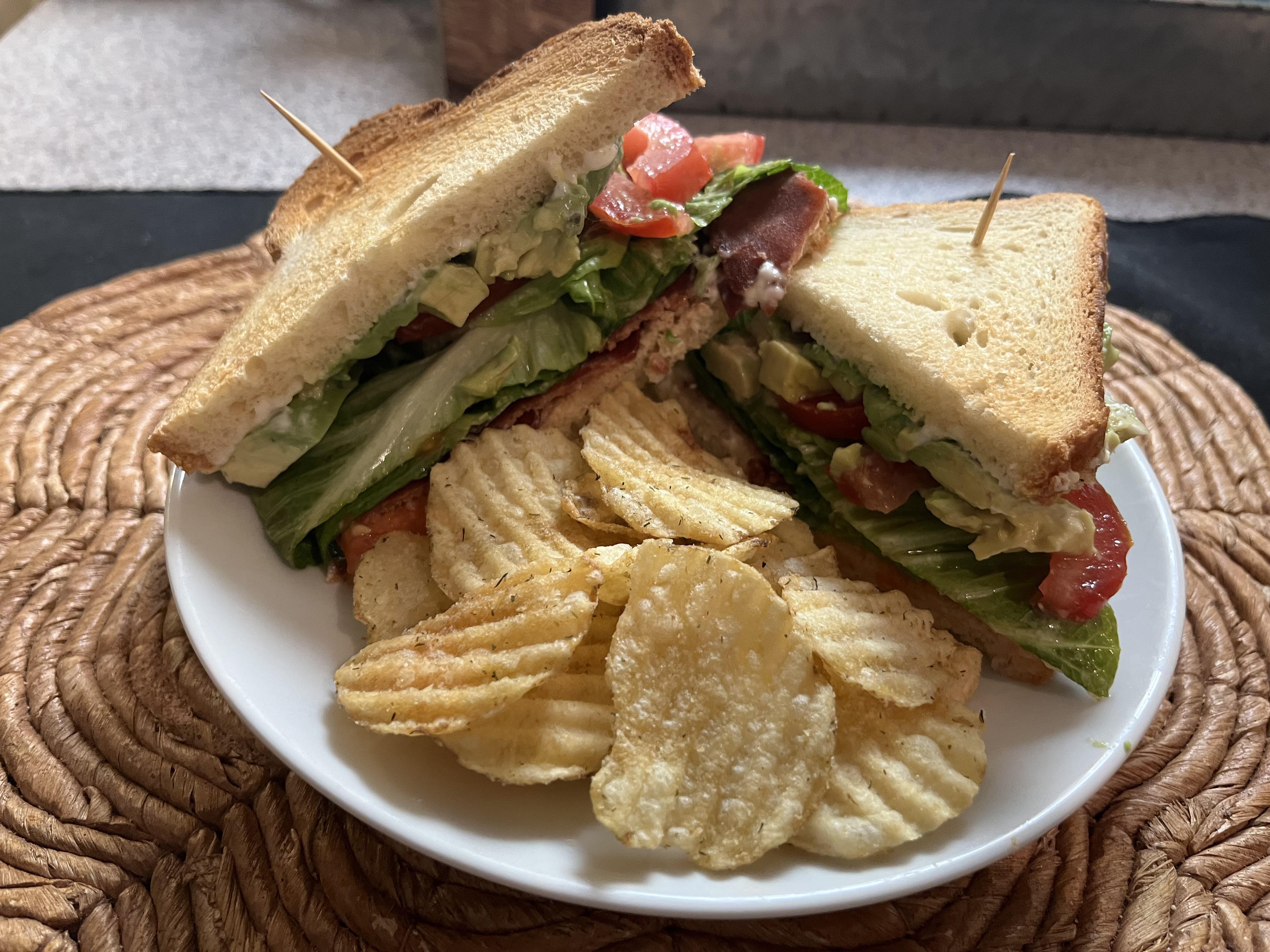 BLT with avocado and dill pickle chips featuring Lightlife “bacon” r