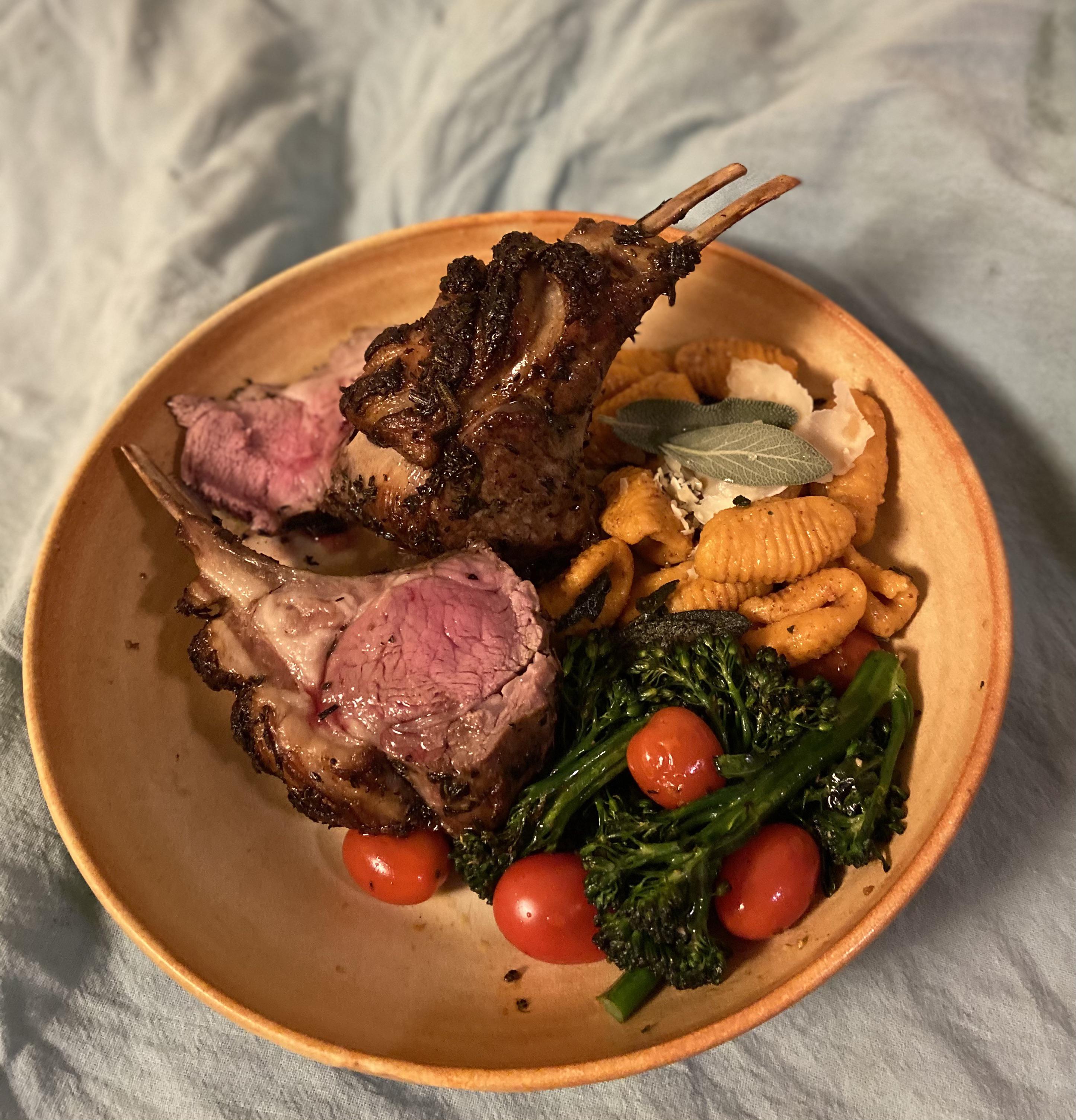 Pan seared rack of lamb, home made sweet potato gnocchi in brown butter