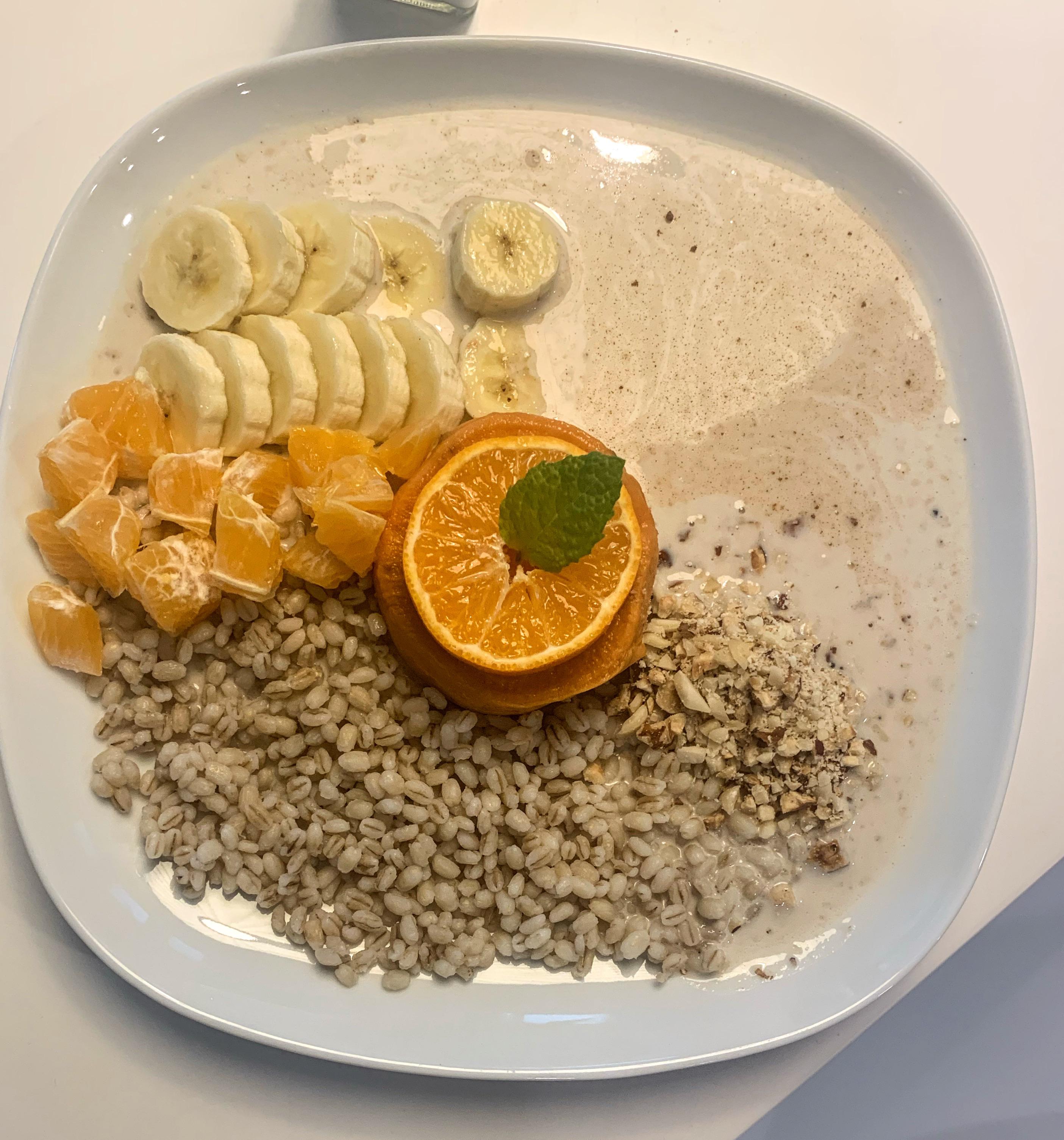 Simple, high in protein. Sweet potato, Clementine, banana, barley