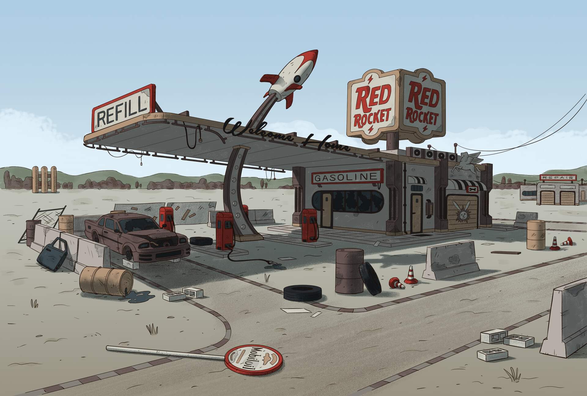 A desolate gas station, perfect for looting Red Rocket Fallout fan art