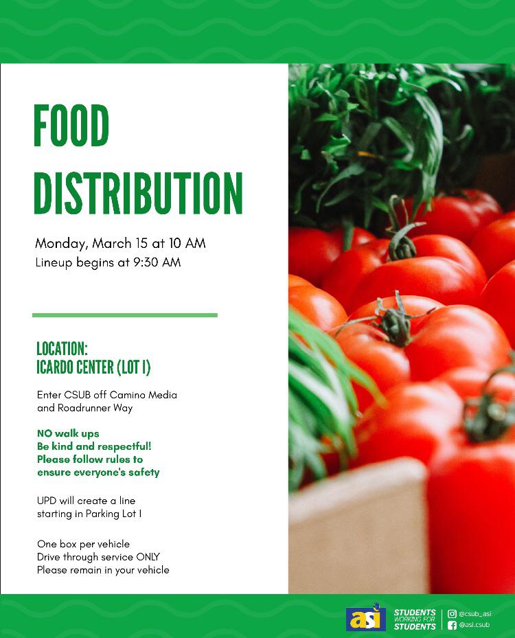 Monthly food distribution happening tomorrow at CSUB. This is free and