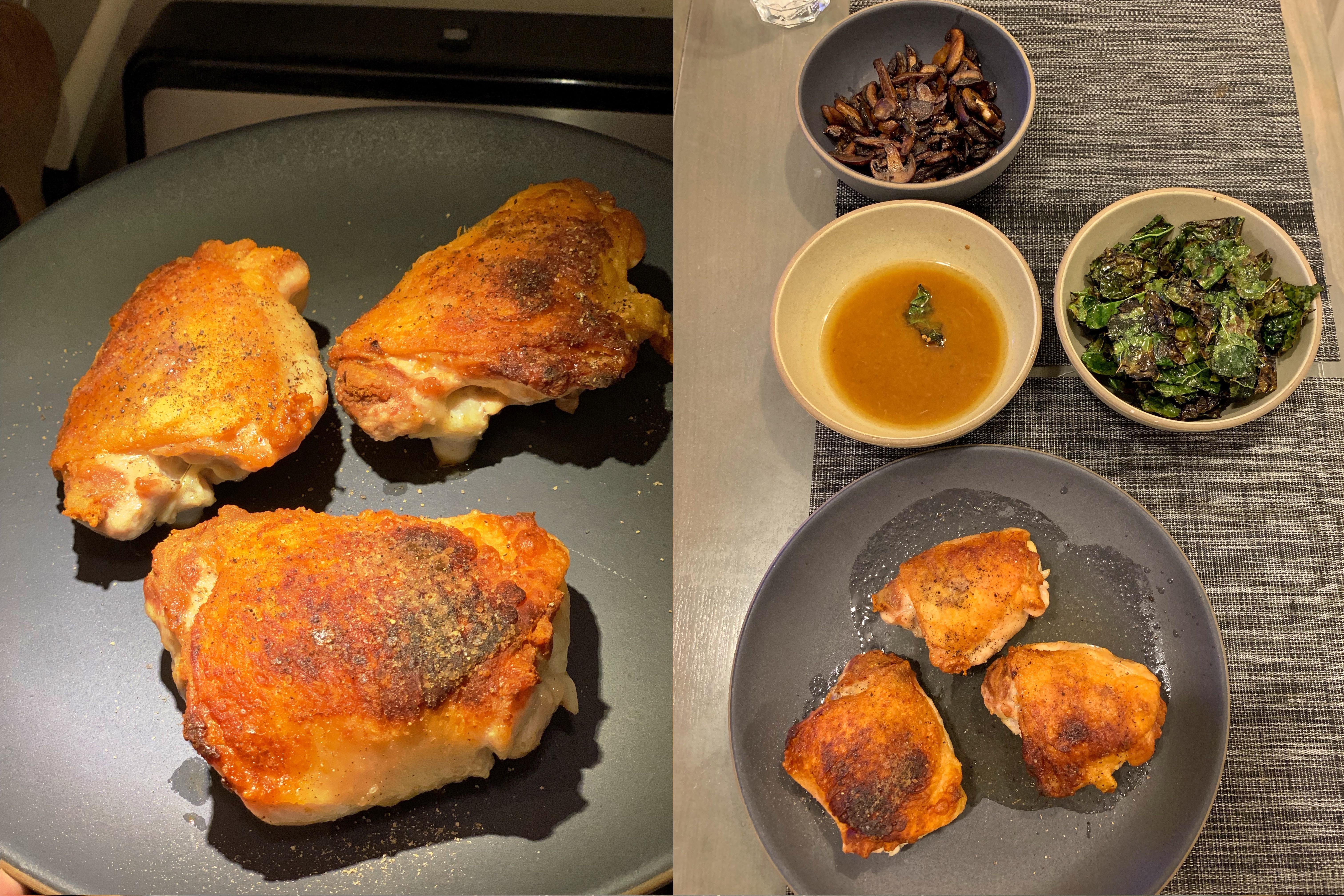 Crispy Skin Cast Iron Skillet Chicken Thighs w/ Kale Chips & Mushrooms