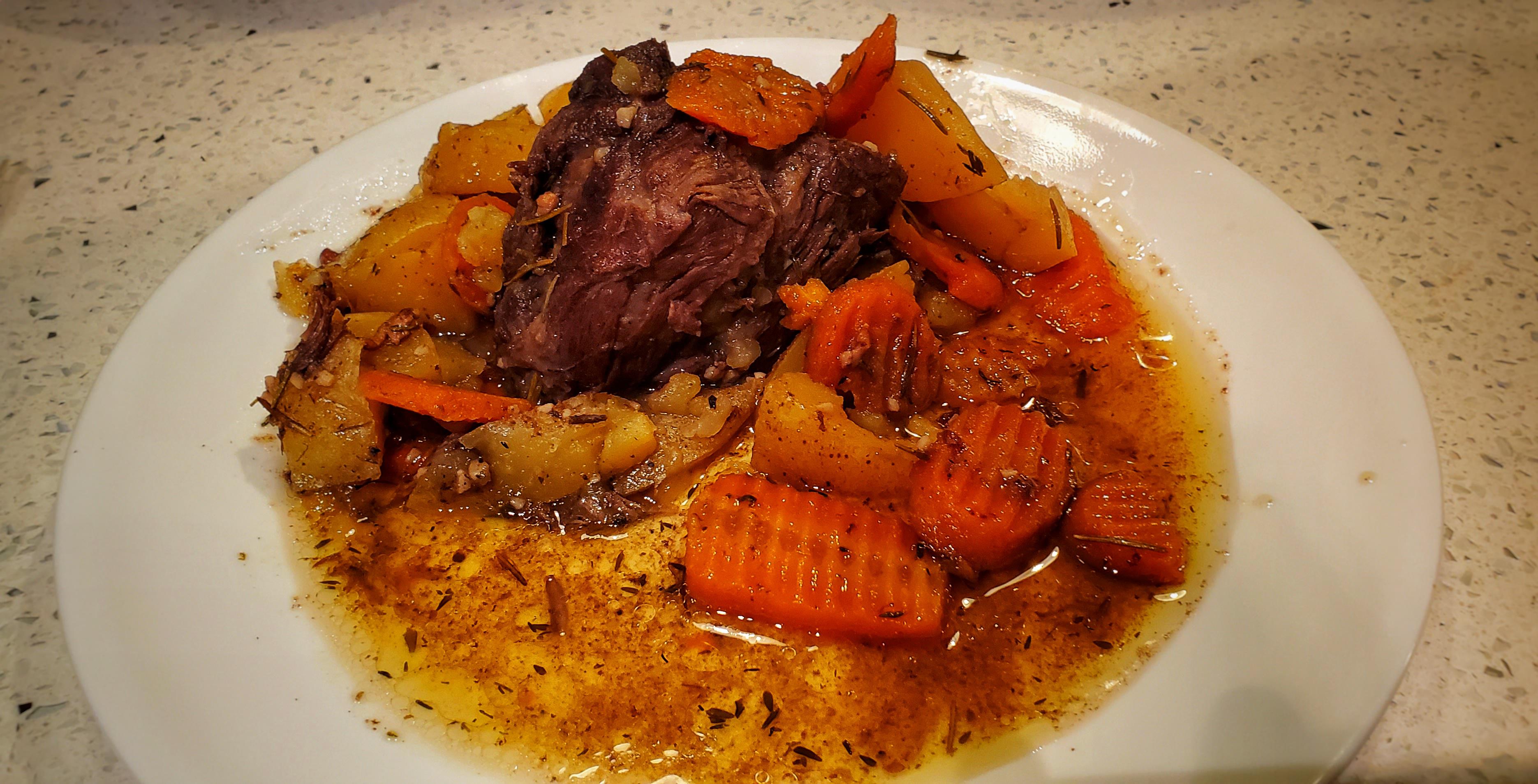 Week 7 Braising Chuck roast braised in red wine with potatoes and