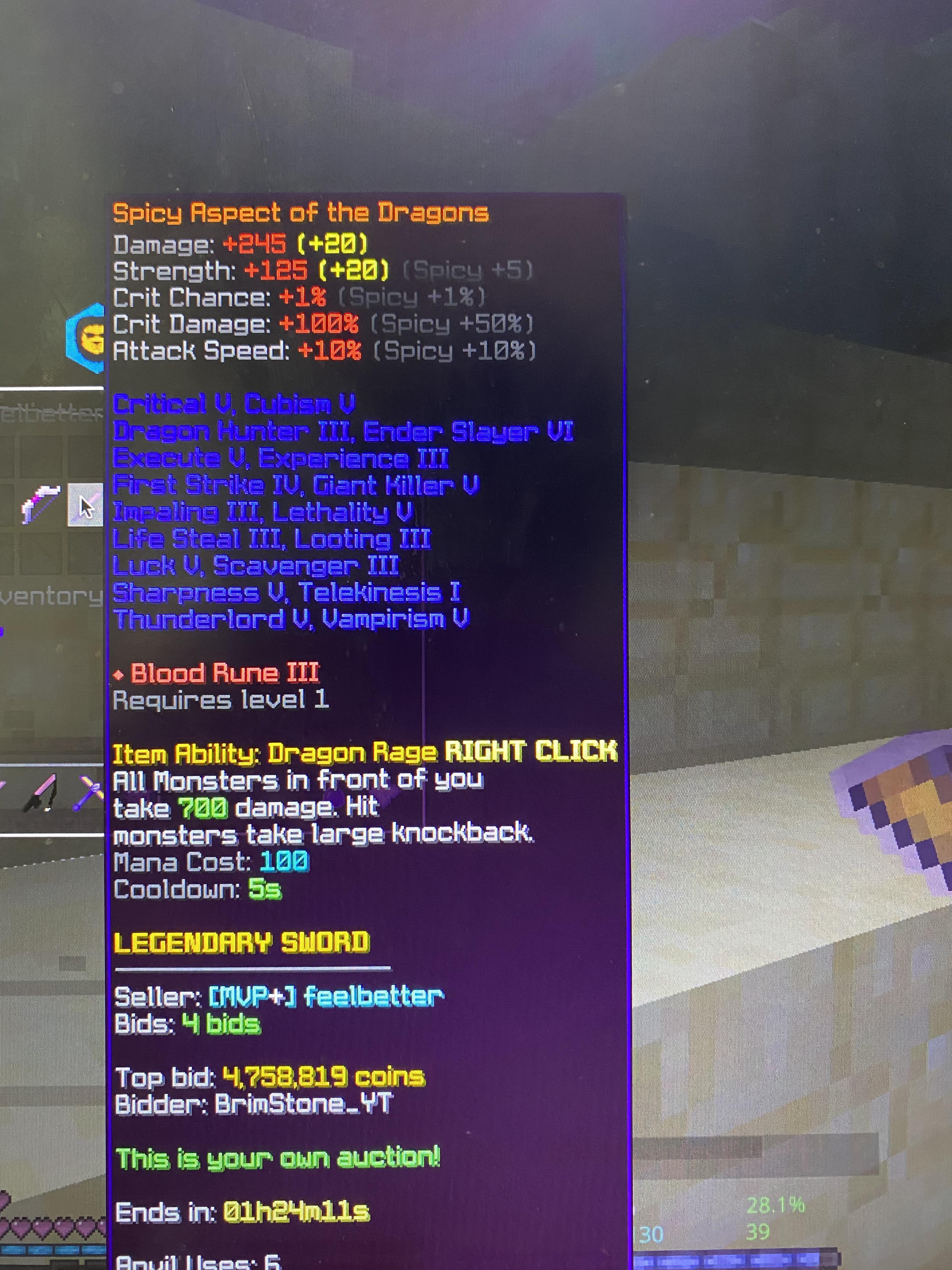 On my auction max aotd, plus lvl 6 enchants rod of legends, and dragon