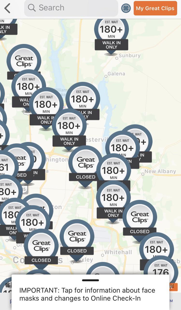 Current wait times for a hair cut at Great Clips r/Columbus