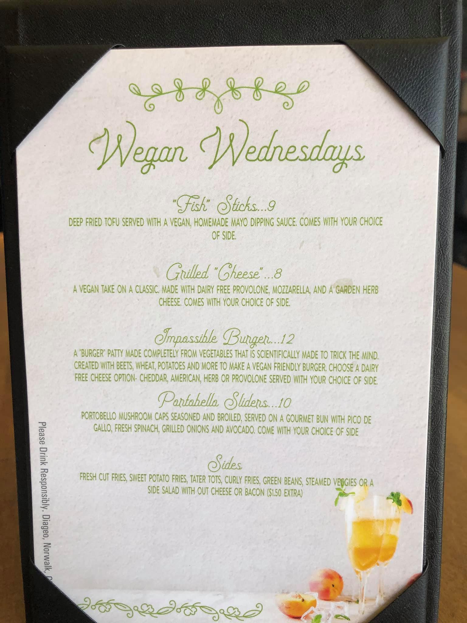 The Bar West Plaza (1121 W 47th St, KCMO) "Wegan Wednesdays" Menu includes Vegan "Fish" Sticks