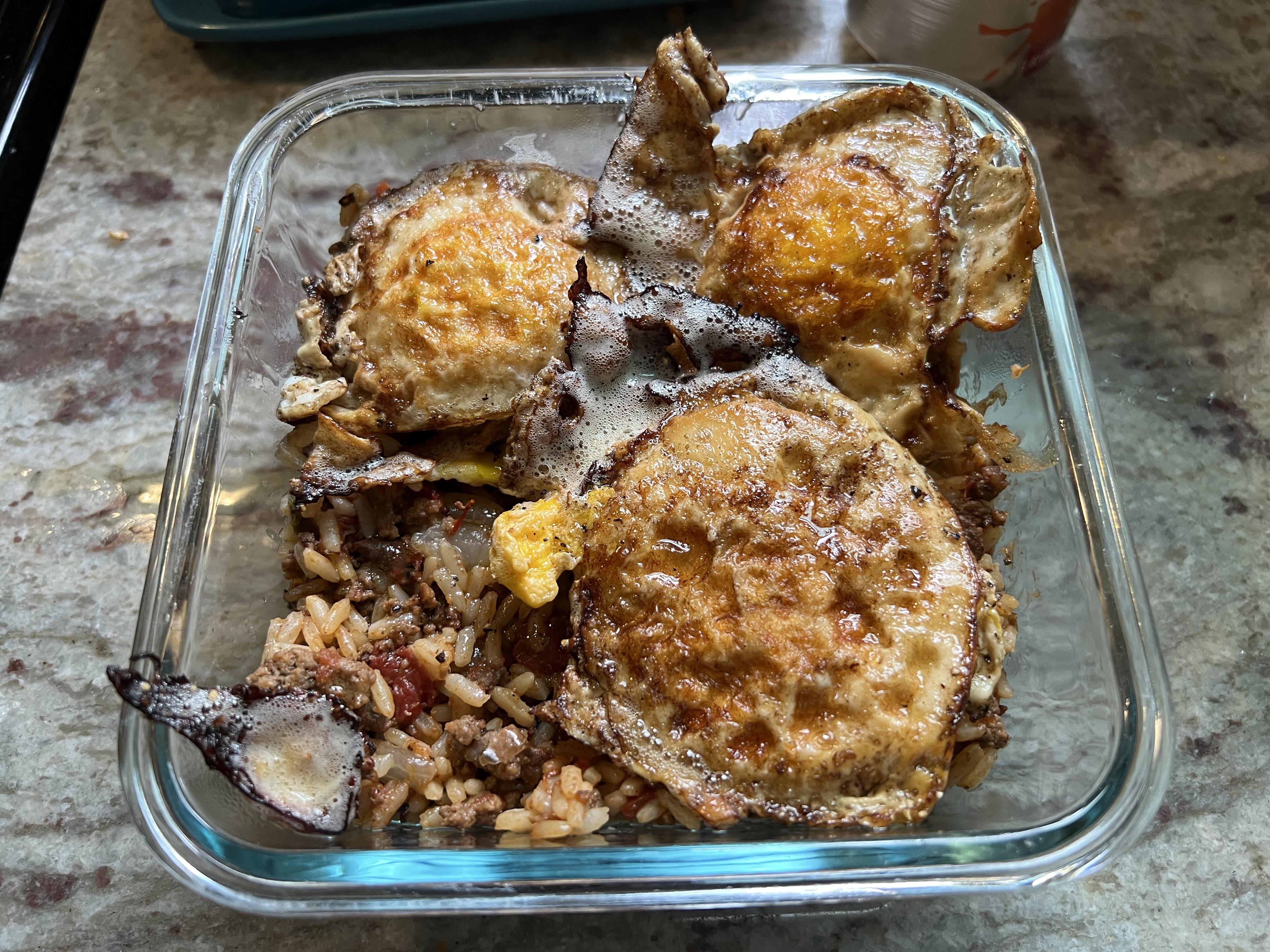 Today’s lunch dirty rice with brown butter eggs over easy. Ugly AF but
