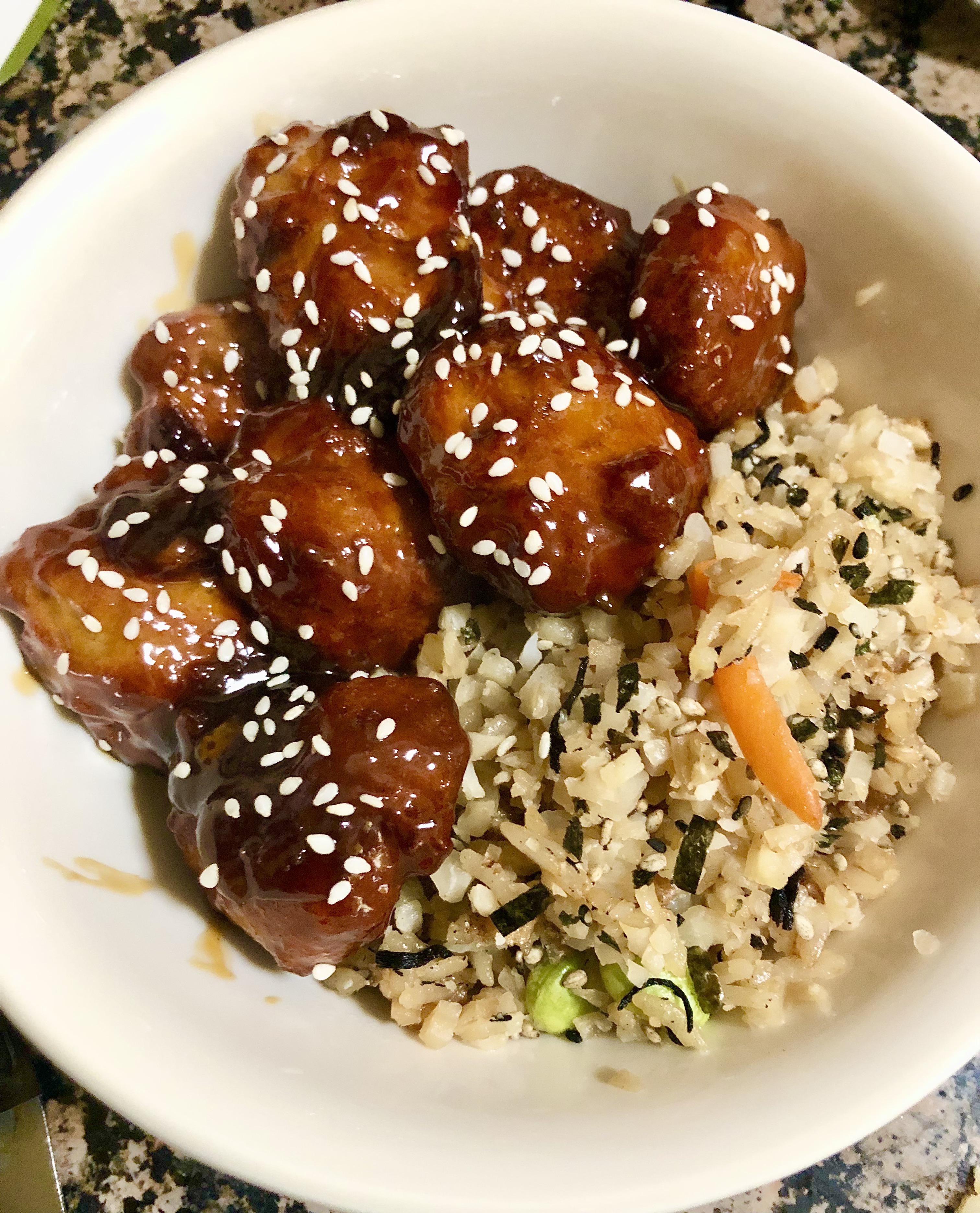 Quick and easy general tso’s seitan and japanese fried rice with riced cauliflower. Just over
