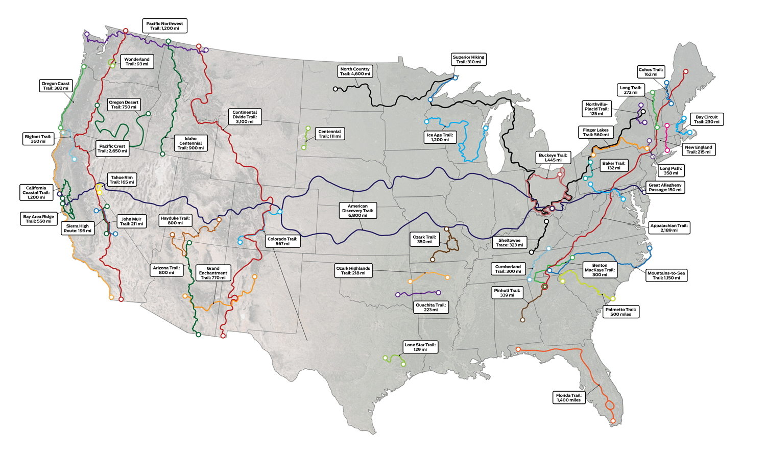 The Major Long Distance Hiking Trails in America r/MapPorn