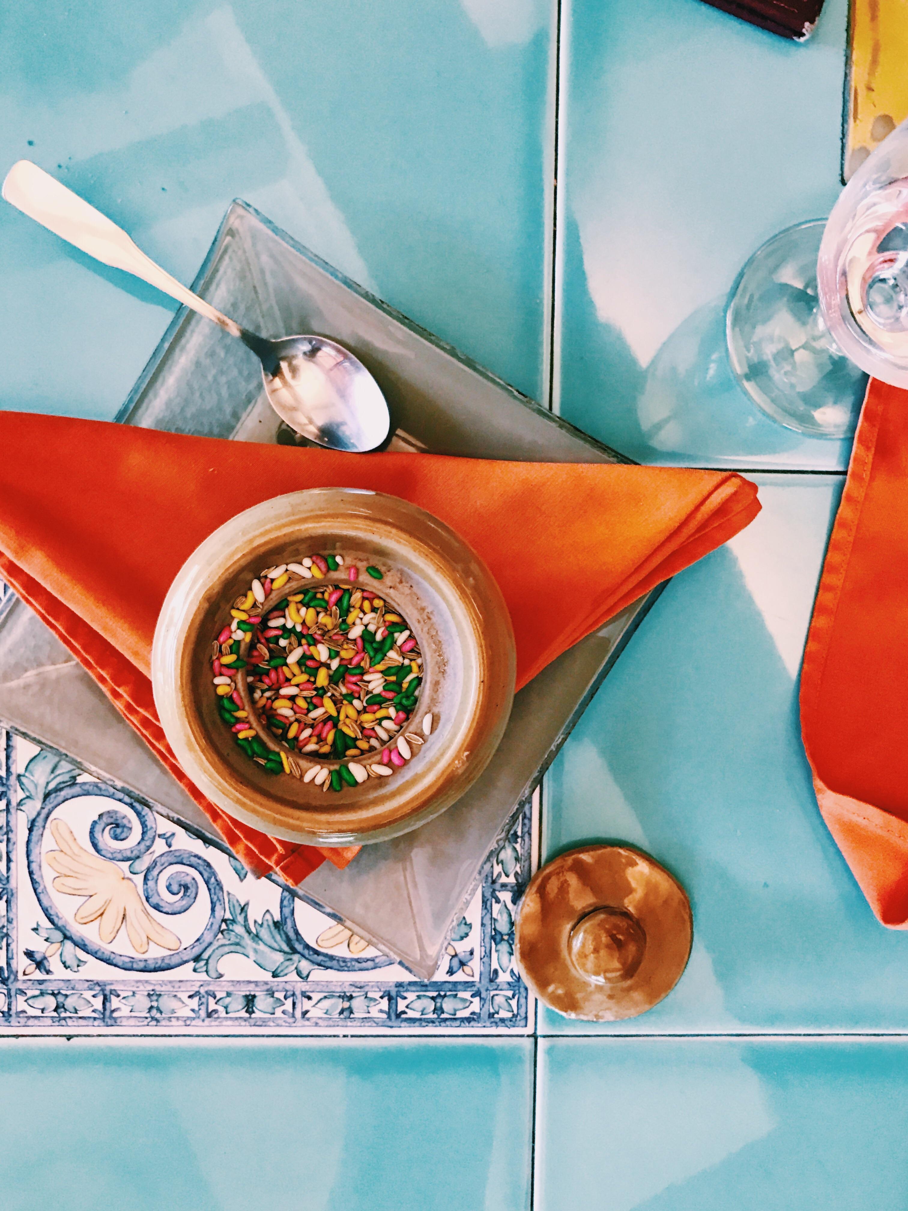 Mukhwas candy coated fennel seeds. They are generally served at