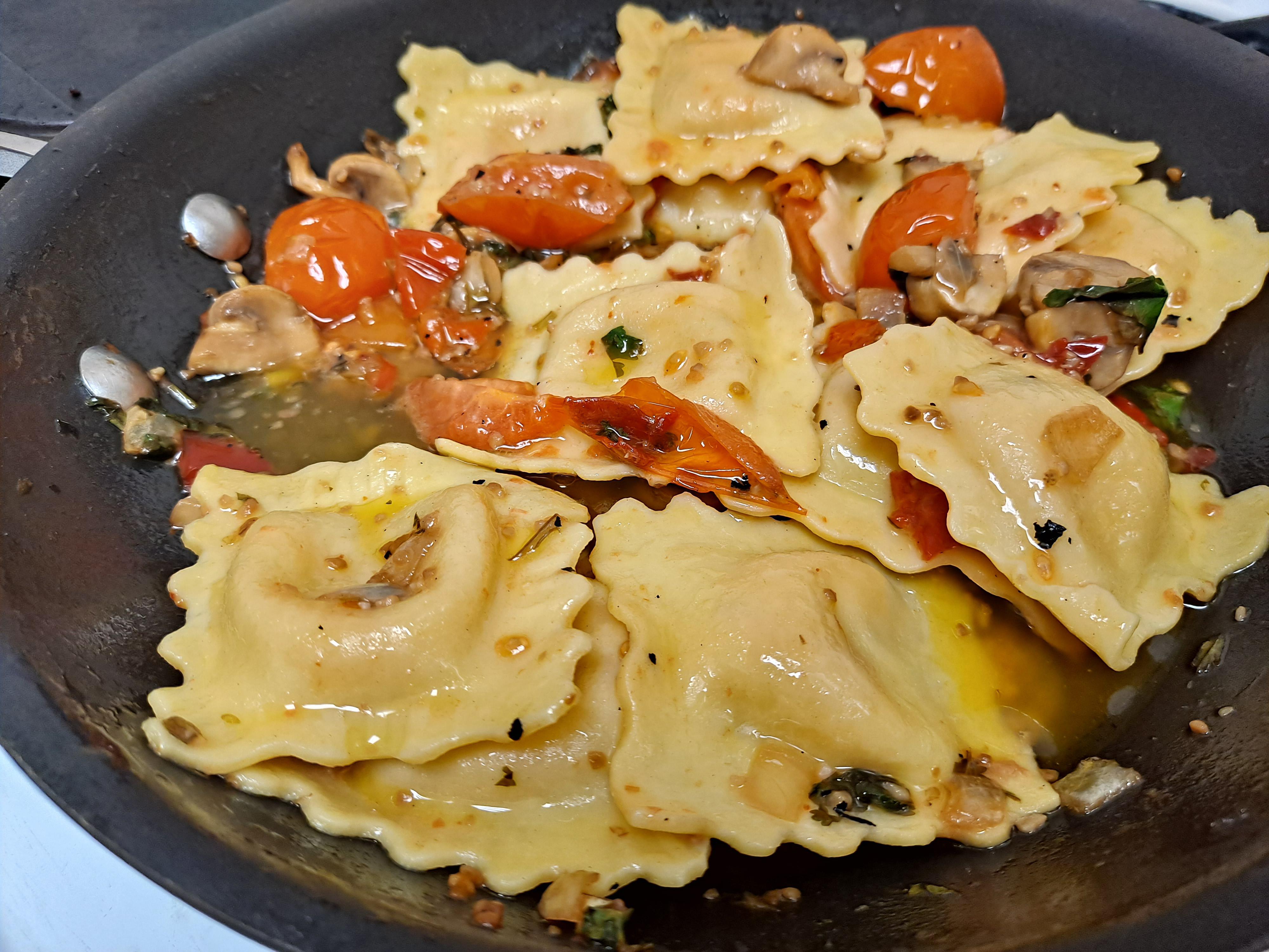 [Homemade] Costco Maine lobster ravioli dressed up with olive oil, onion, garlic, cilantro
