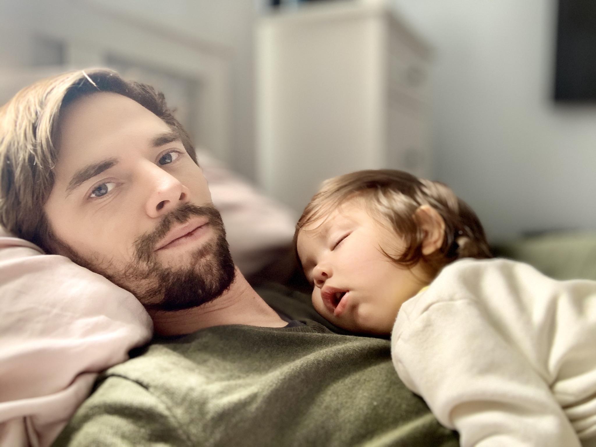 Fell off the bed and bumped his head and snuggled the rest of the