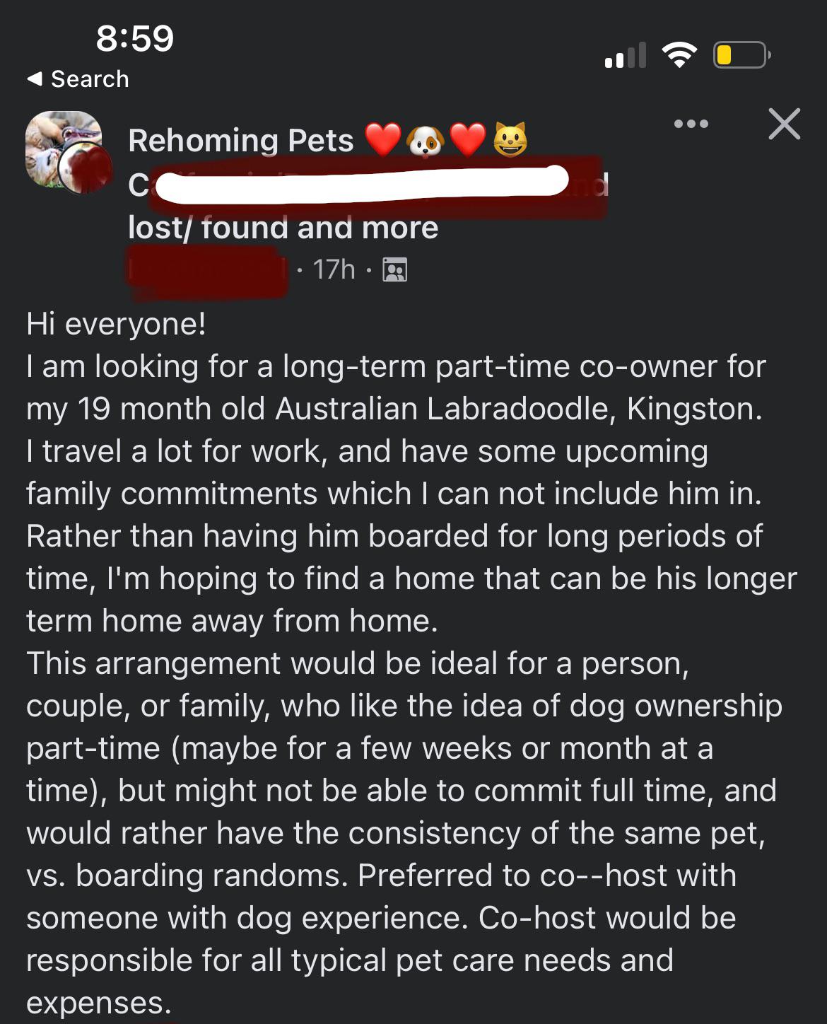 Parttime dog ownership in lieu of paying boarding fees? I feel like