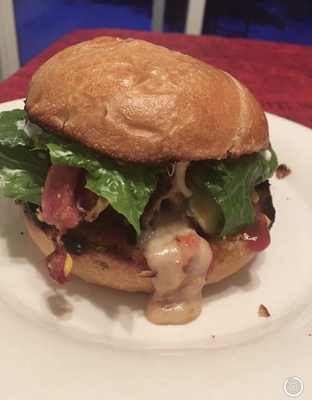 [Homemade] Bacon burger stuffed with Monterey Jack cheese and red