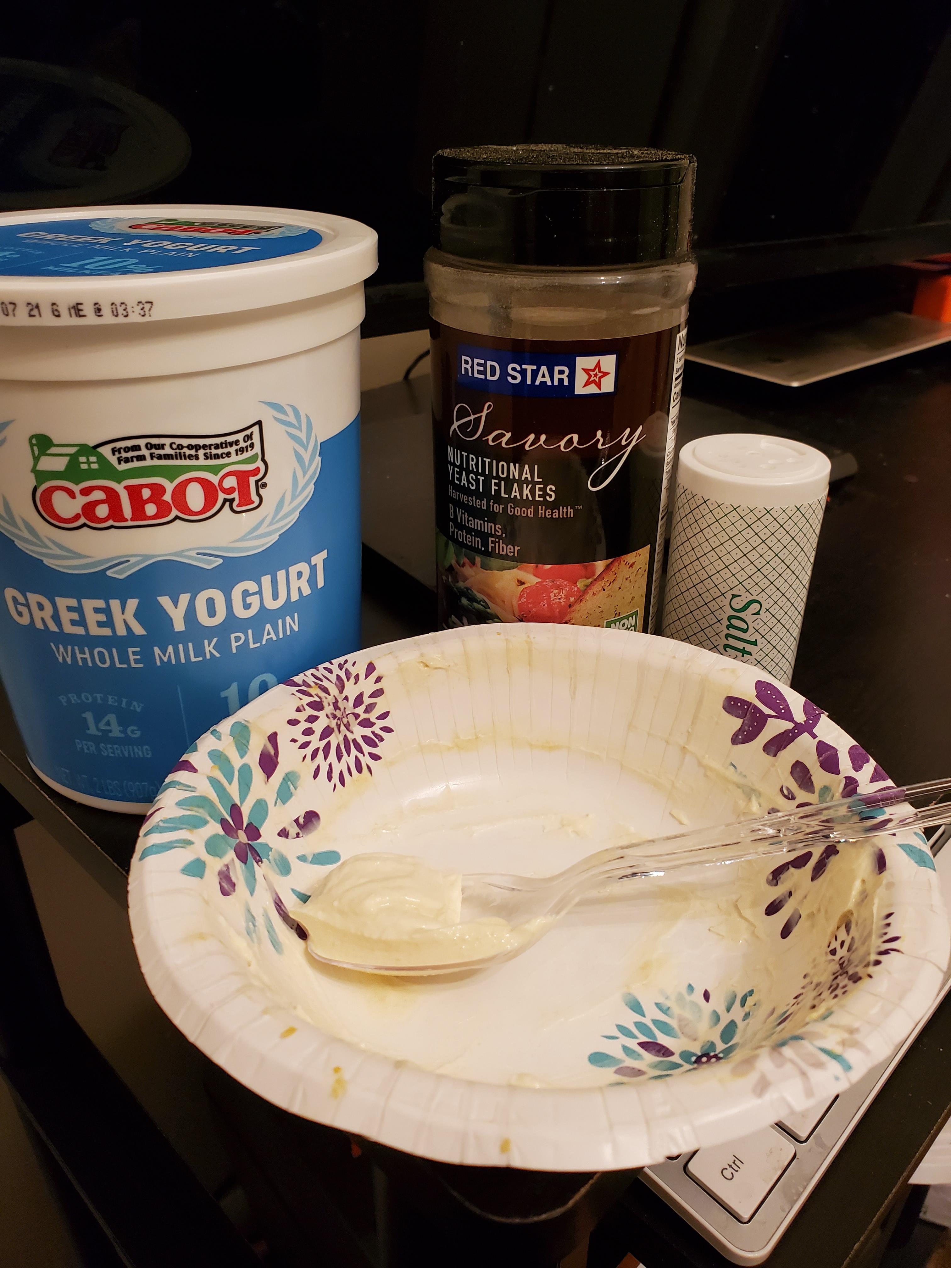 Sounds gross but is AMAZING Greek yogurt, nutritional yeast, salt r