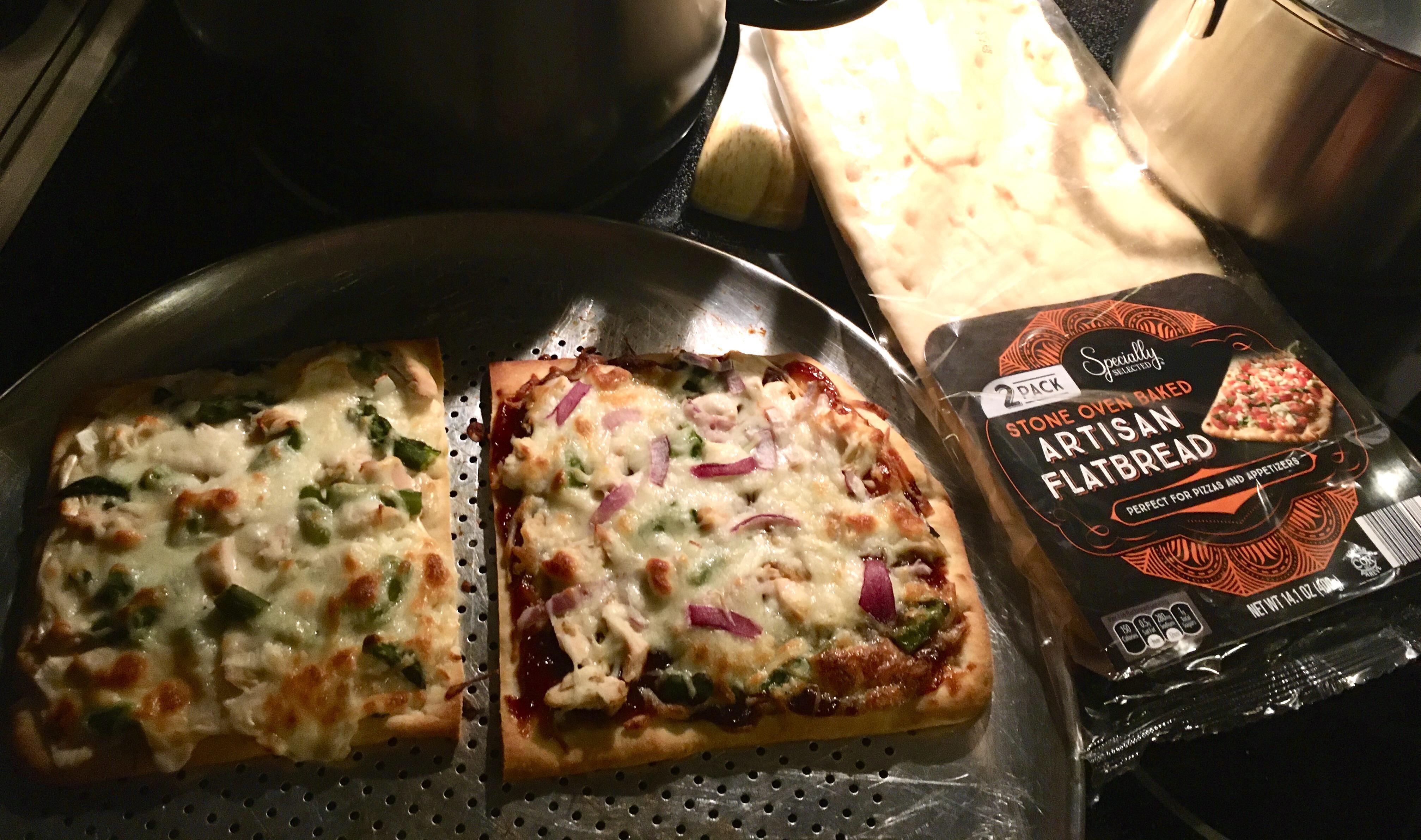 Chicken Alfredo and BBQ Chicken Pizza Made With Aldi Flatbread